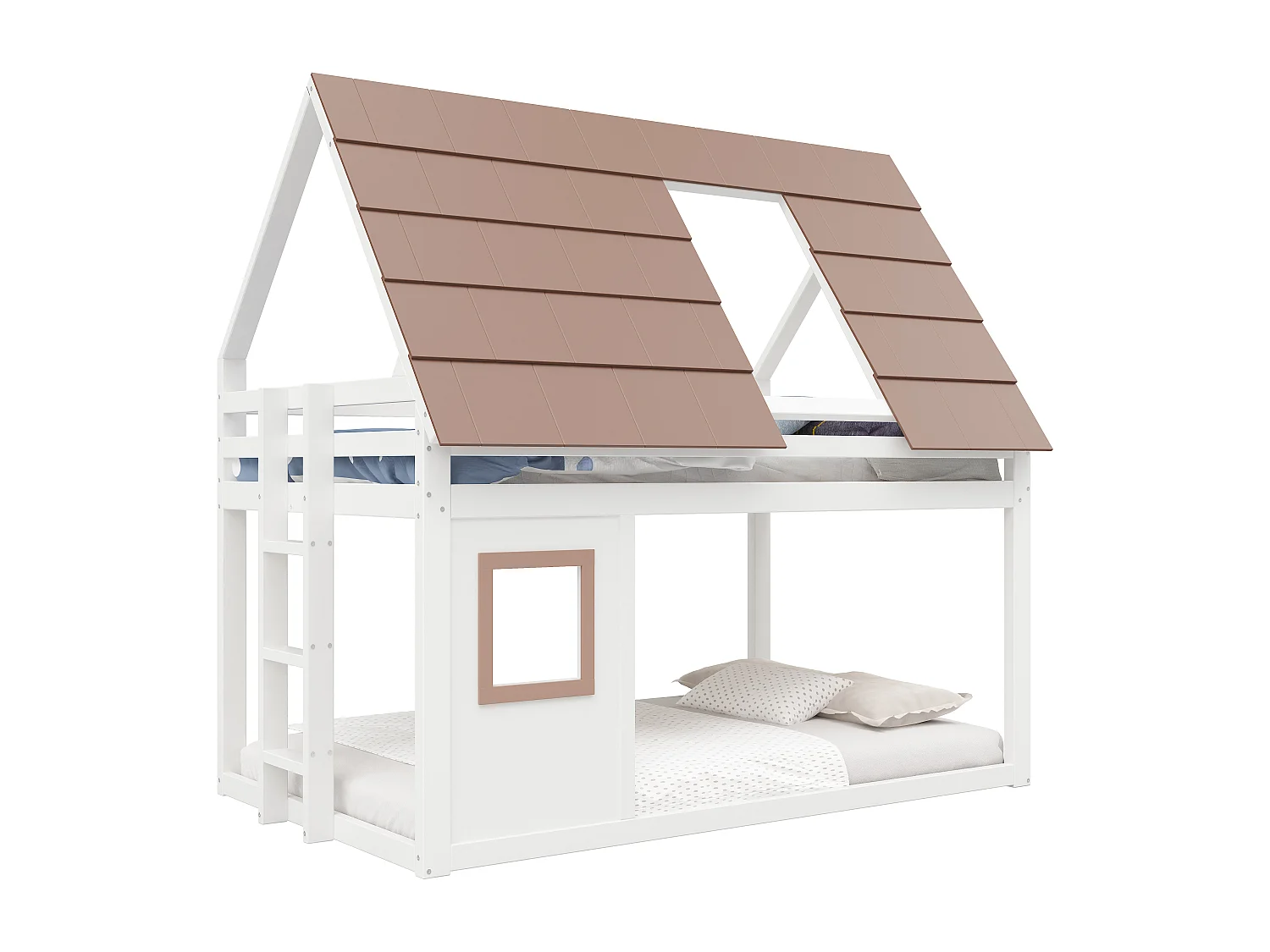 Cama superpuesta 140x200 cm - con techo y ventana - con escalera y barrera de seguridad - MDF+Pino - Blanco + Marrón​ (sin colchón)