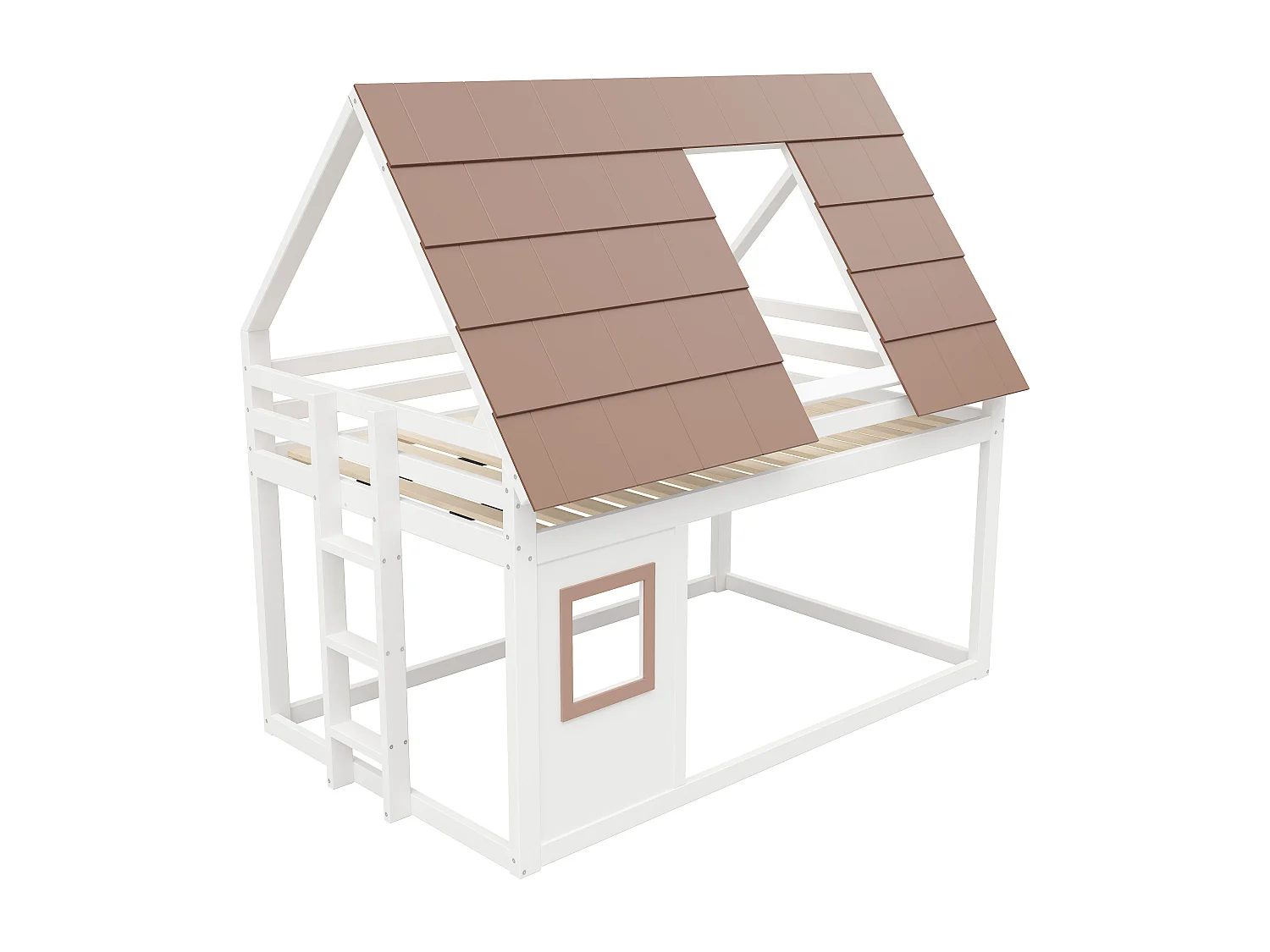 Cama superpuesta 140x200 cm - con techo y ventana - con escalera y barrera de seguridad - MDF+Pino - Blanco + Marrón​ (sin colchón)