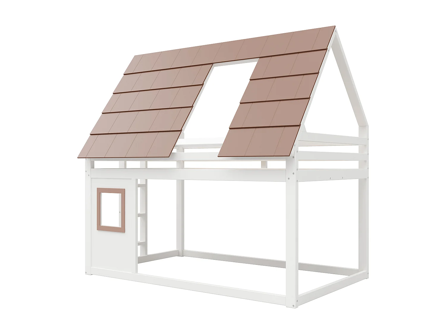 Cama superpuesta 140x200 cm - con techo y ventana - con escalera y barrera de seguridad - MDF+Pino - Blanco + Marrón​ (sin colchón)