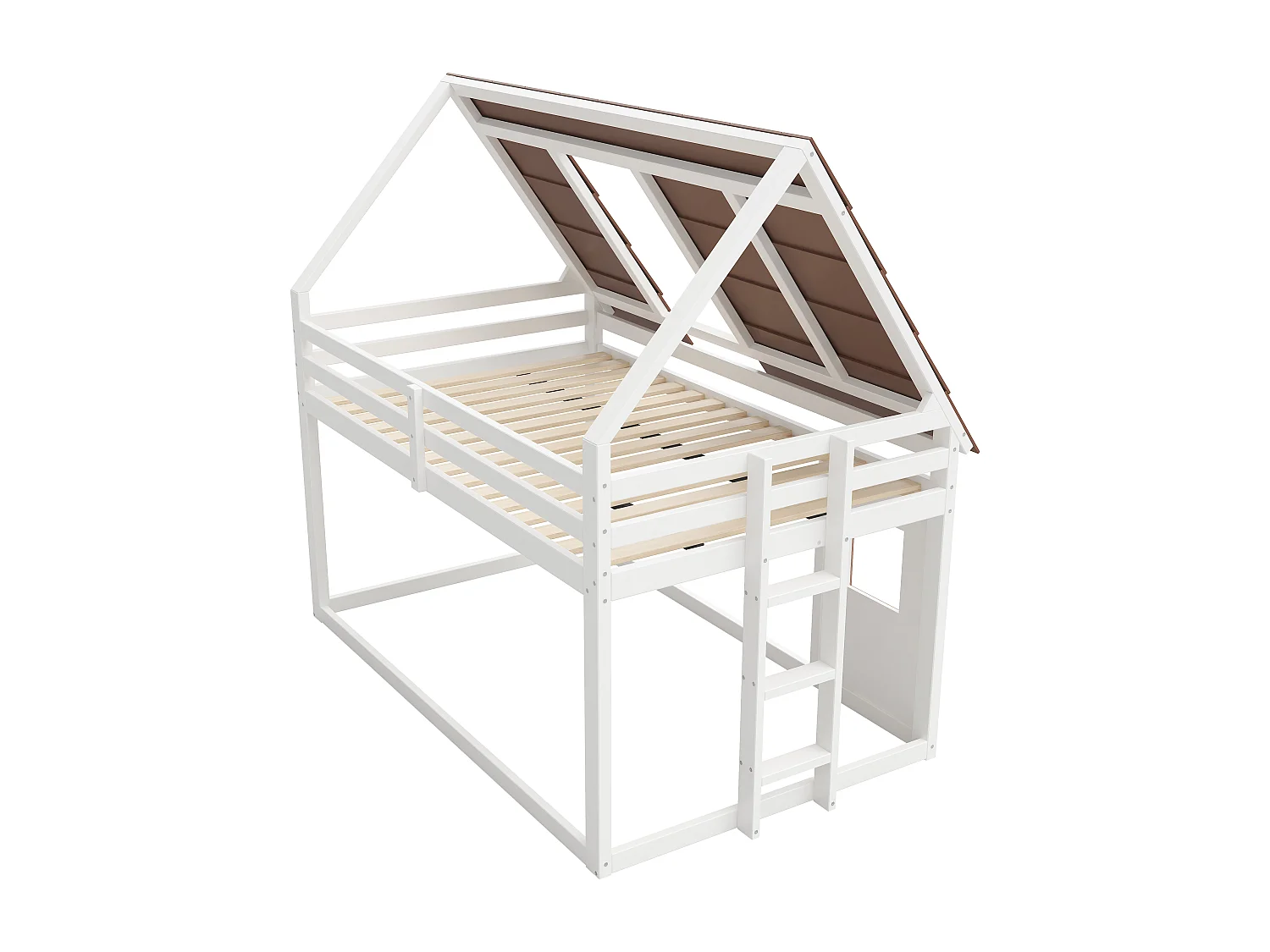 Cama superpuesta 140x200 cm - con techo y ventana - con escalera y barrera de seguridad - MDF+Pino - Blanco + Marrón​ (sin colchón)