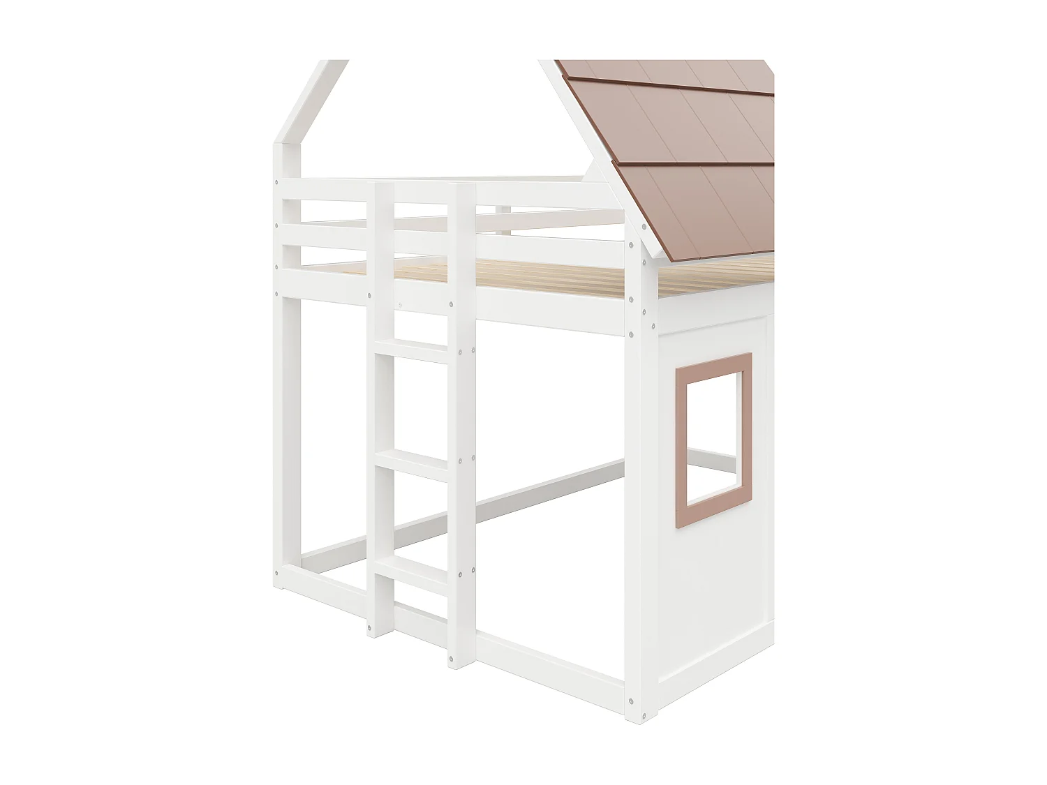 Cama superpuesta 140x200 cm - con techo y ventana - con escalera y barrera de seguridad - MDF+Pino - Blanco + Marrón​ (sin colchón)