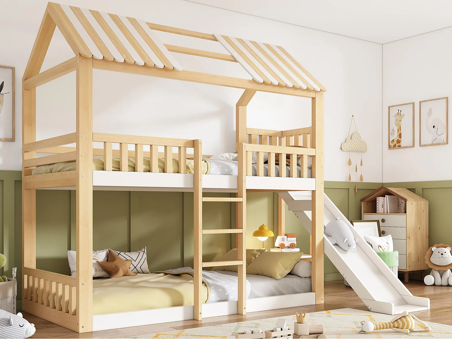 Etagenbett 90x200 cm - mit Leiter und Rutsche - mit Regalen und Schutzgittern - Weiß + Natur​ (ohne Matratze)