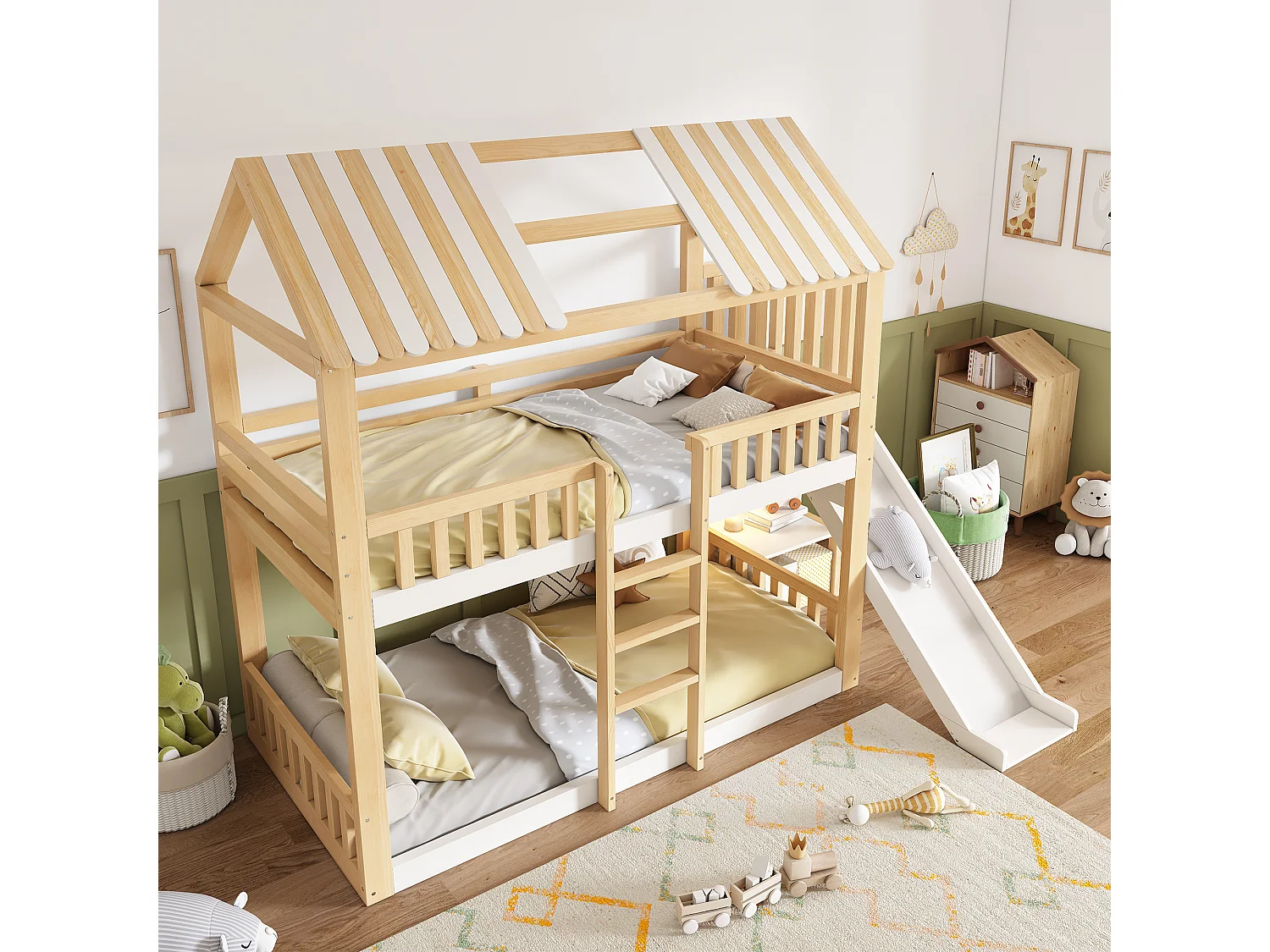 Etagenbett 90x200 cm - mit Leiter und Rutsche - mit Regalen und Schutzgittern - Weiß + Natur​ (ohne Matratze)