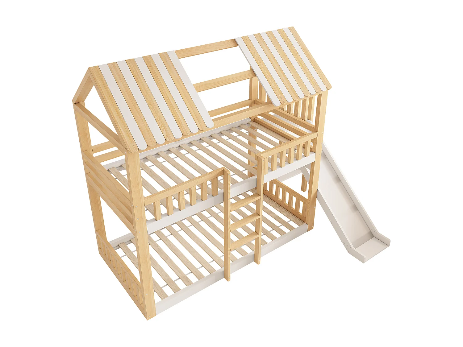Etagenbett 90x200 cm - mit Leiter und Rutsche - mit Regalen und Schutzgittern - Weiß + Natur​ (ohne Matratze)