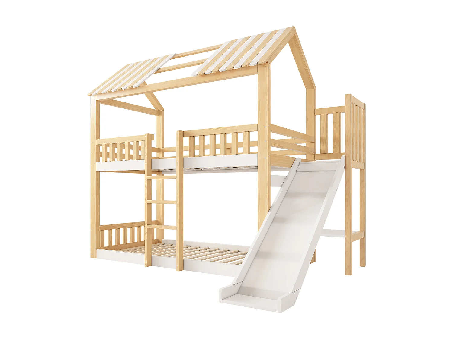 Etagenbett 90x200 cm - mit Leiter und Rutsche - mit Regalen und Schutzgittern - Weiß + Natur​ (ohne Matratze)