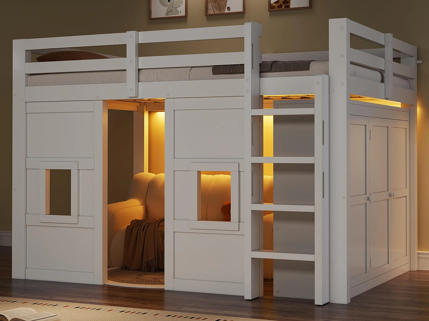 Cama mezanino de madeira 140x200 cm con iluminação LED - Armário integrado - Barreira de segurança e escada - MDF - Branco​ (sem colchão)