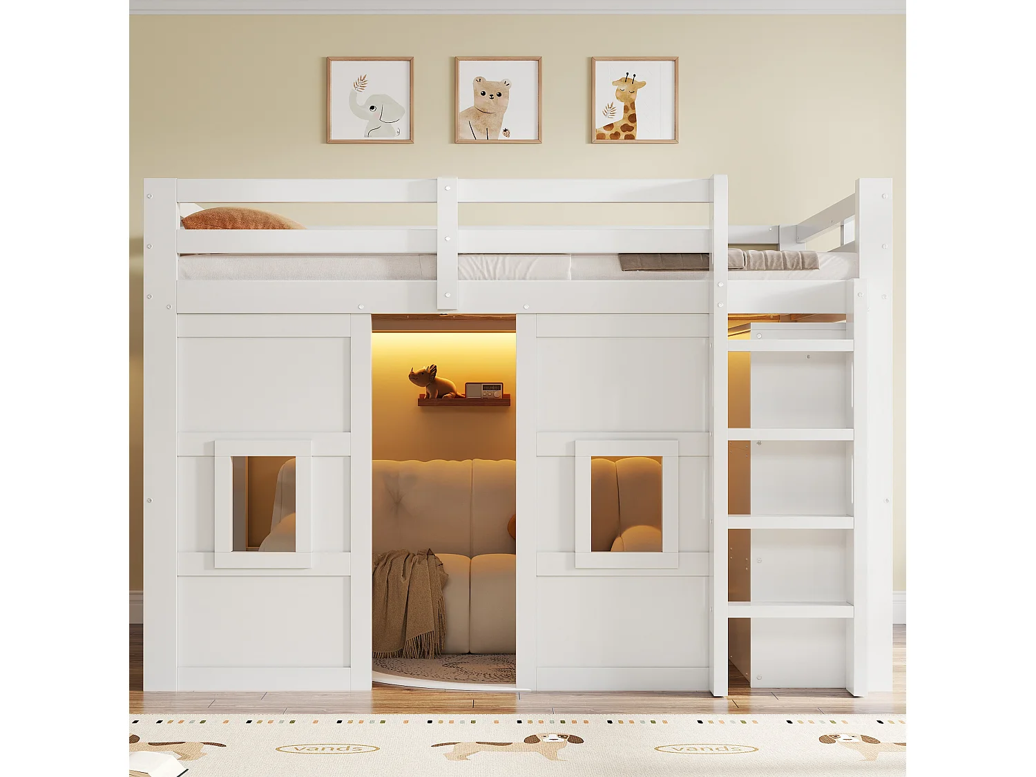 Cama mezanino de madeira 140x200 cm con iluminação LED - Armário integrado - Barreira de segurança e escada - MDF - Branco​ (sem colchão)