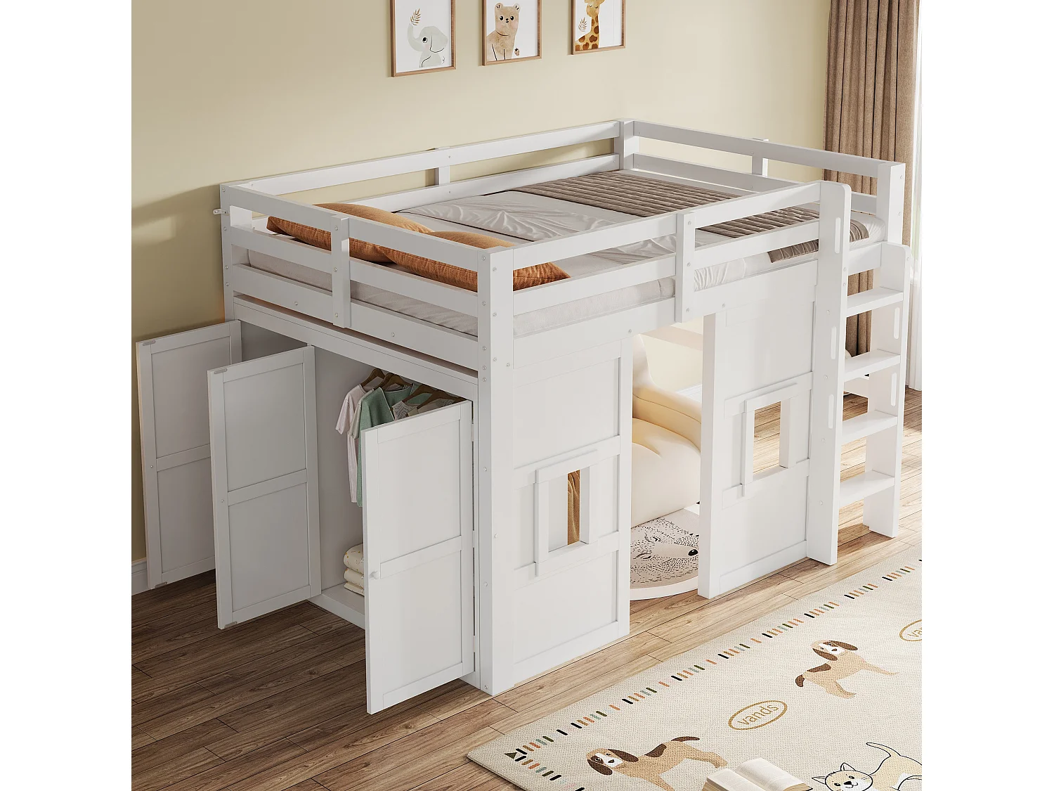 Cama mezanino de madeira 140x200 cm con iluminação LED - Armário integrado - Barreira de segurança e escada - MDF - Branco​ (sem colchão)