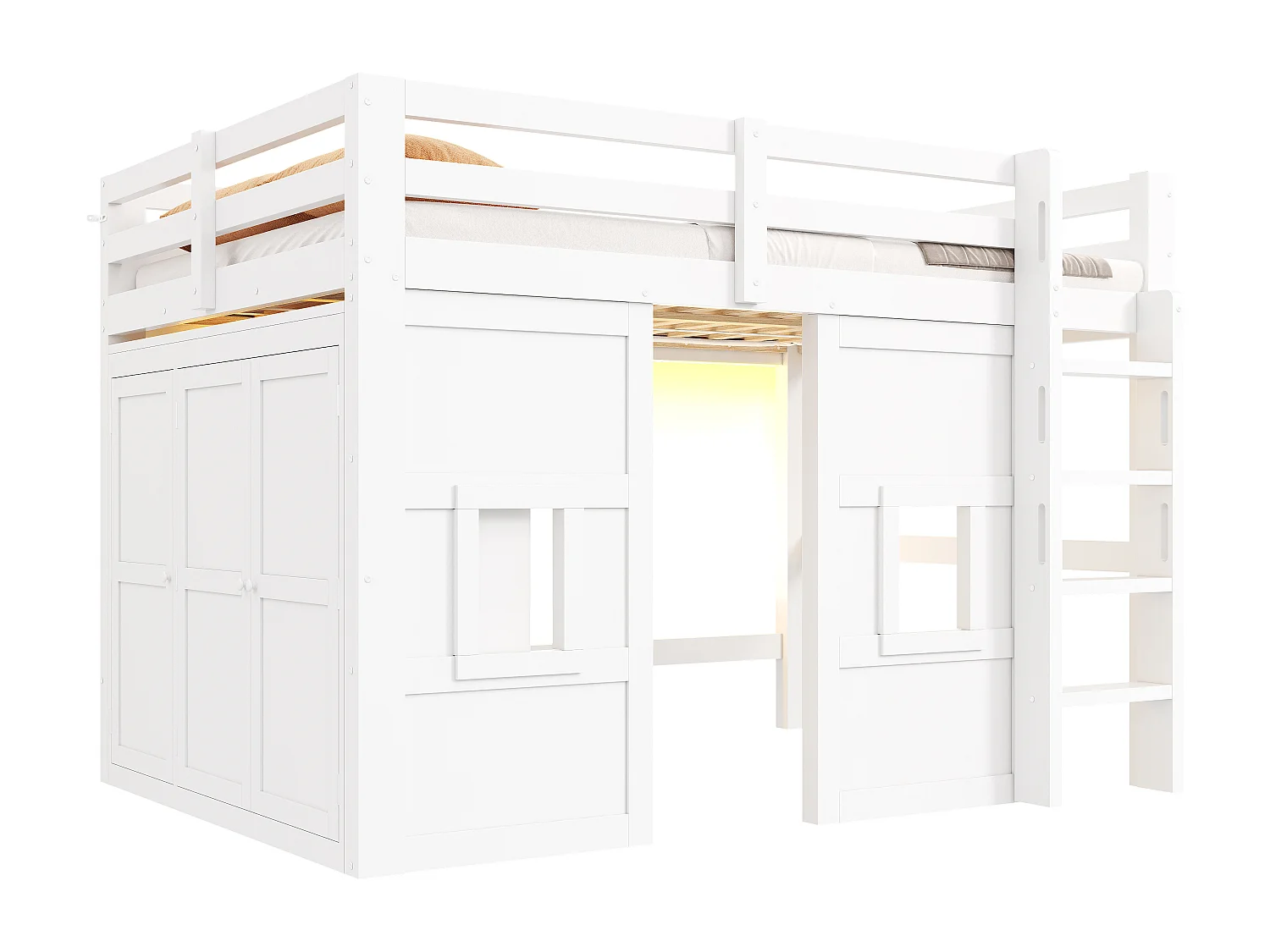 Cama mezanino de madeira 140x200 cm con iluminação LED - Armário integrado - Barreira de segurança e escada - MDF - Branco​ (sem colchão)