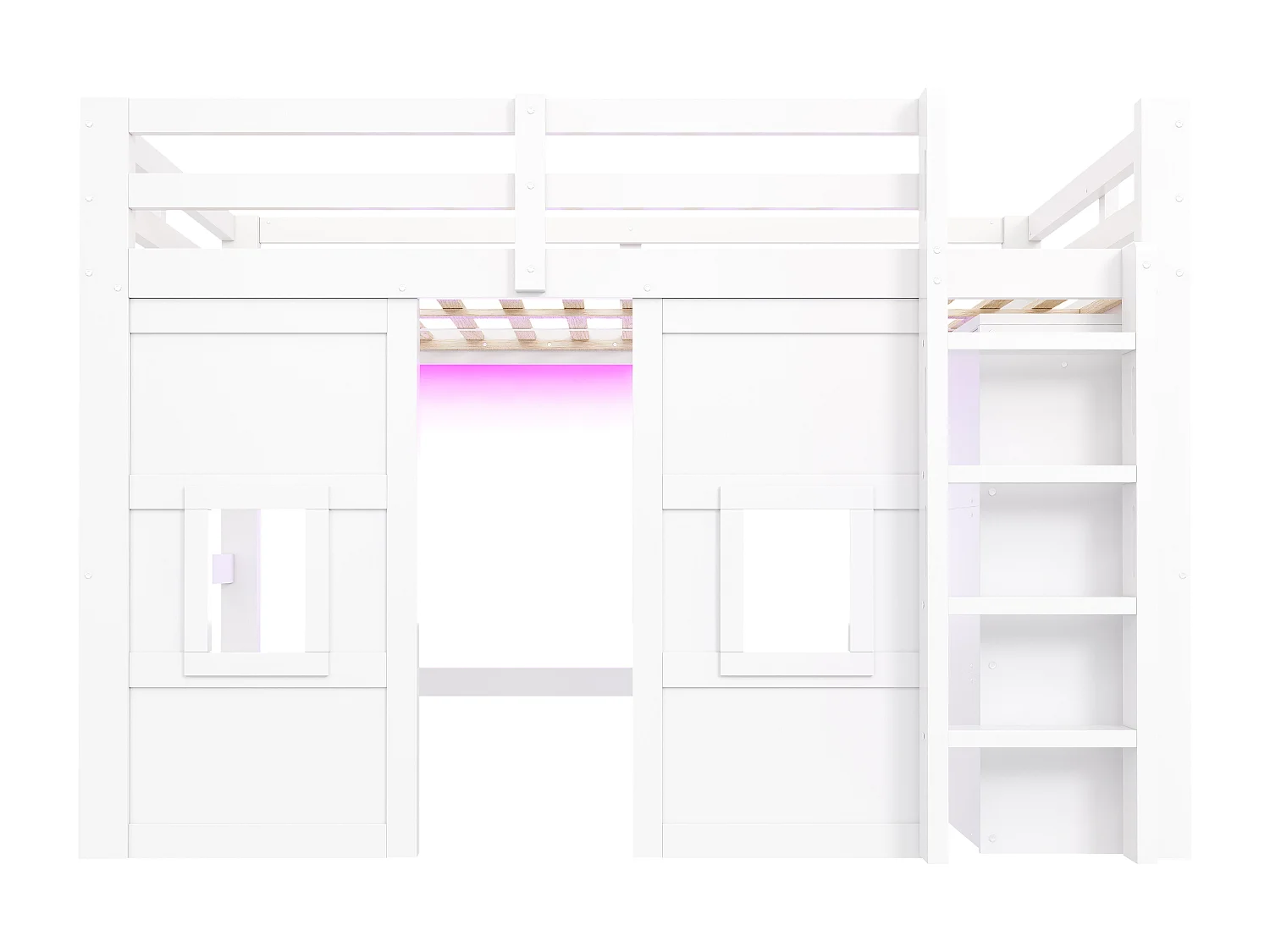 Cama mezanino de madeira 140x200 cm con iluminação LED - Armário integrado - Barreira de segurança e escada - MDF - Branco​ (sem colchão)