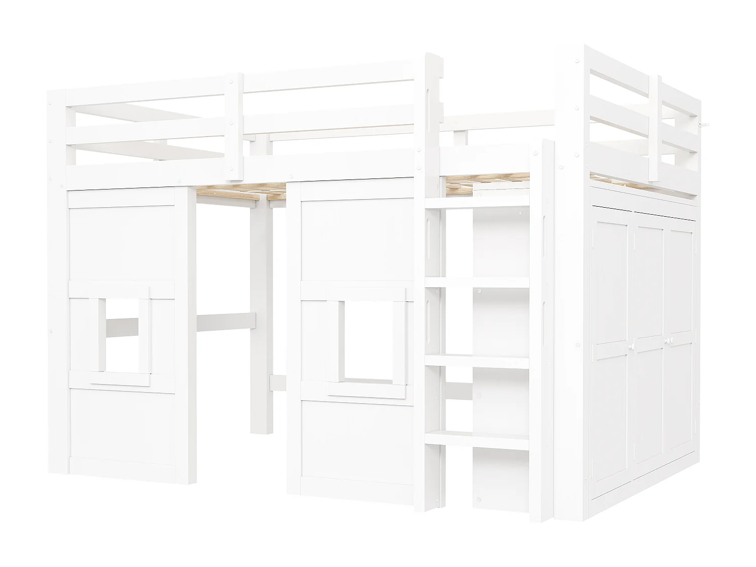 Cama mezanino de madeira 140x200 cm con iluminação LED - Armário integrado - Barreira de segurança e escada - MDF - Branco​ (sem colchão)