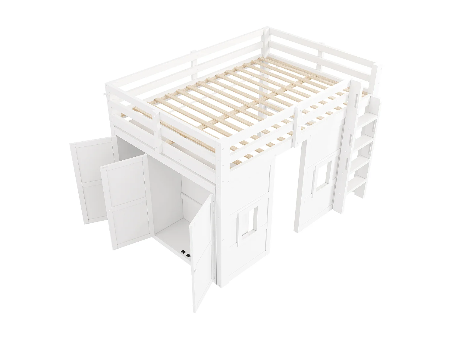 Cama mezanino de madeira 140x200 cm con iluminação LED - Armário integrado - Barreira de segurança e escada - MDF - Branco​ (sem colchão)