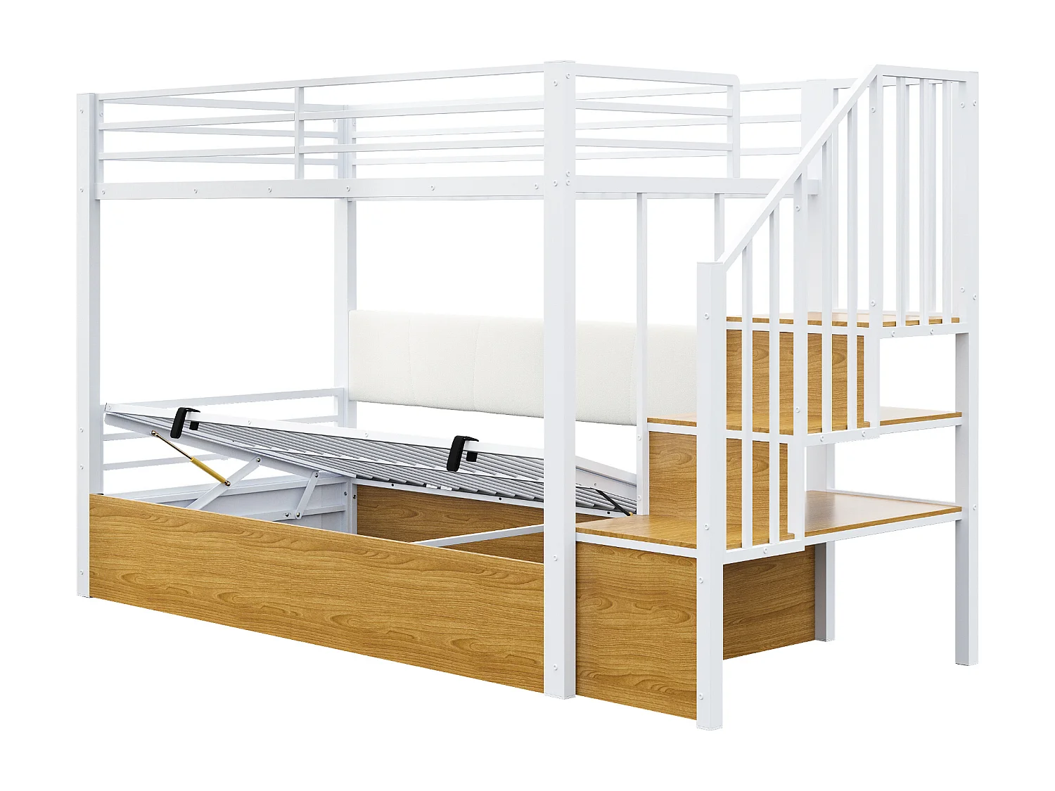 Etagenbett aus Schmiedeeisen 90x200 cm - gepolsterte Rückenlehne - mit Stauraum - mit Sicherheitsleiter - weiß​ (Matratze nicht inbegriffen)