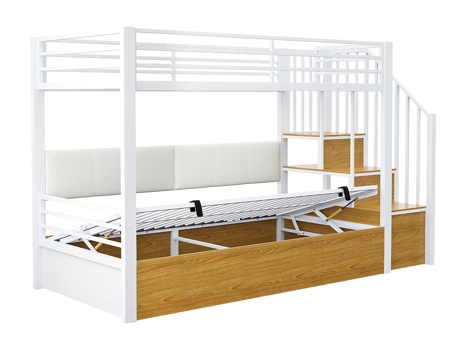 Etagenbett aus Schmiedeeisen 90x200 cm - gepolsterte Rückenlehne - mit Stauraum - mit Sicherheitsleiter - weiß​ (Matratze nicht inbegriffen)