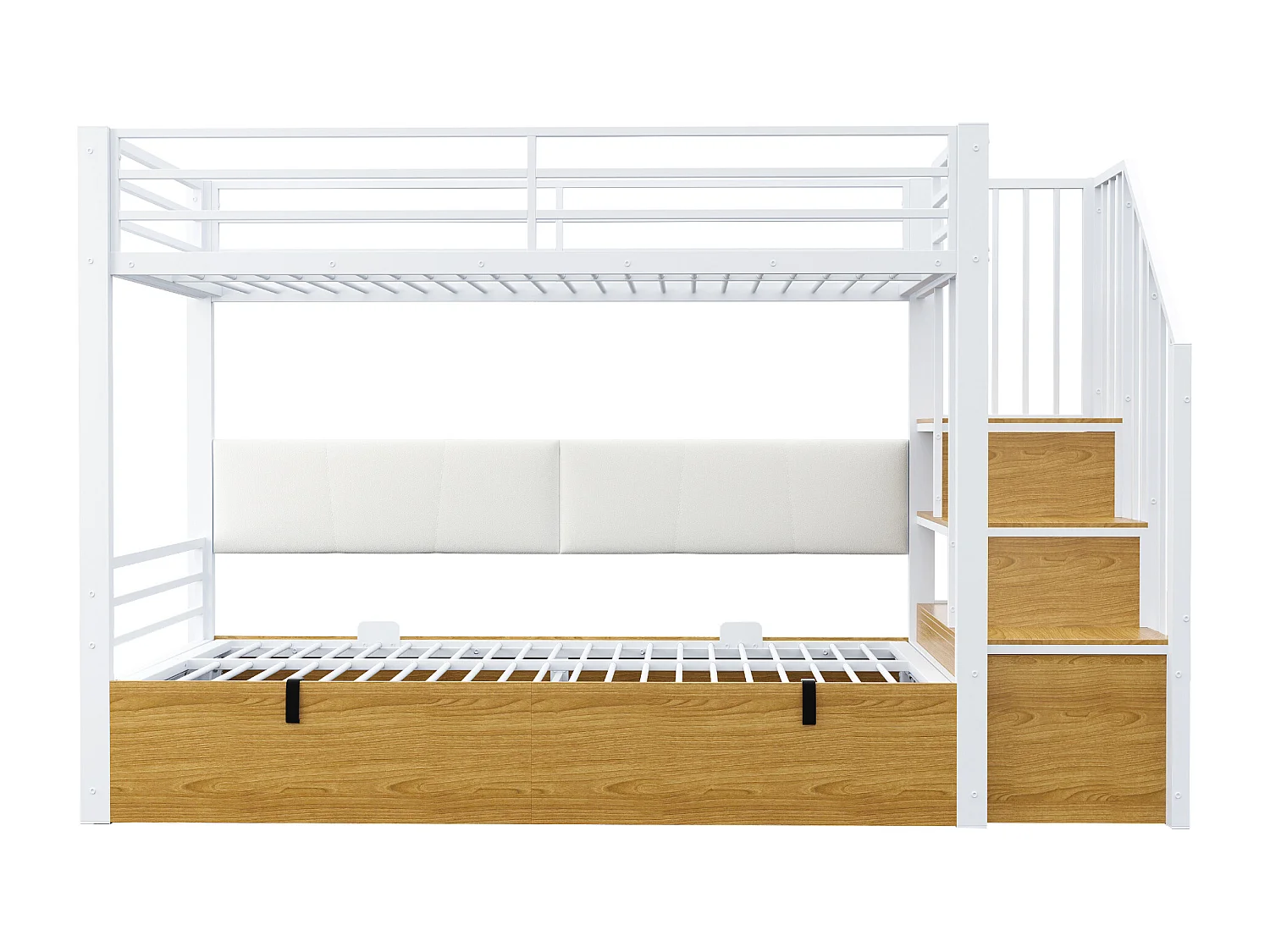 Etagenbett aus Schmiedeeisen 90x200 cm - gepolsterte Rückenlehne - mit Stauraum - mit Sicherheitsleiter - weiß​ (Matratze nicht inbegriffen)