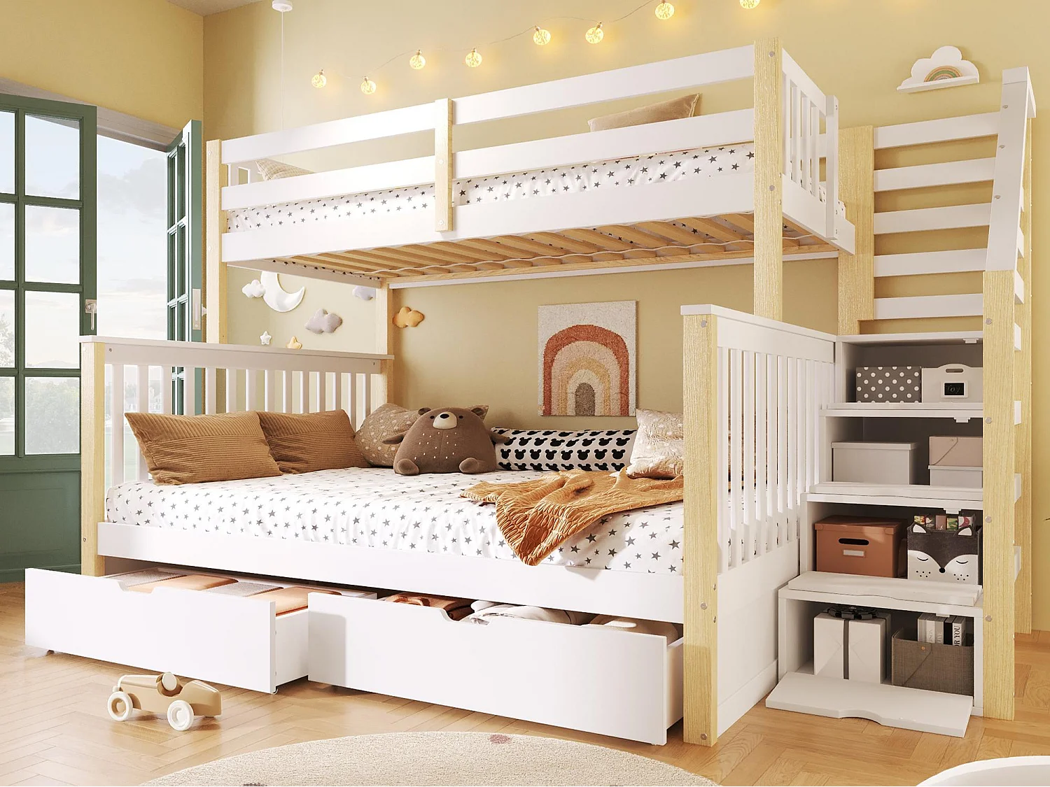 Cama superpuesta 90x200 cm + 140x200 cm - con 2 cajones - con escalera de almacenamiento - con barreras de seguridad - blanco + natural​ (colchón no incluido)