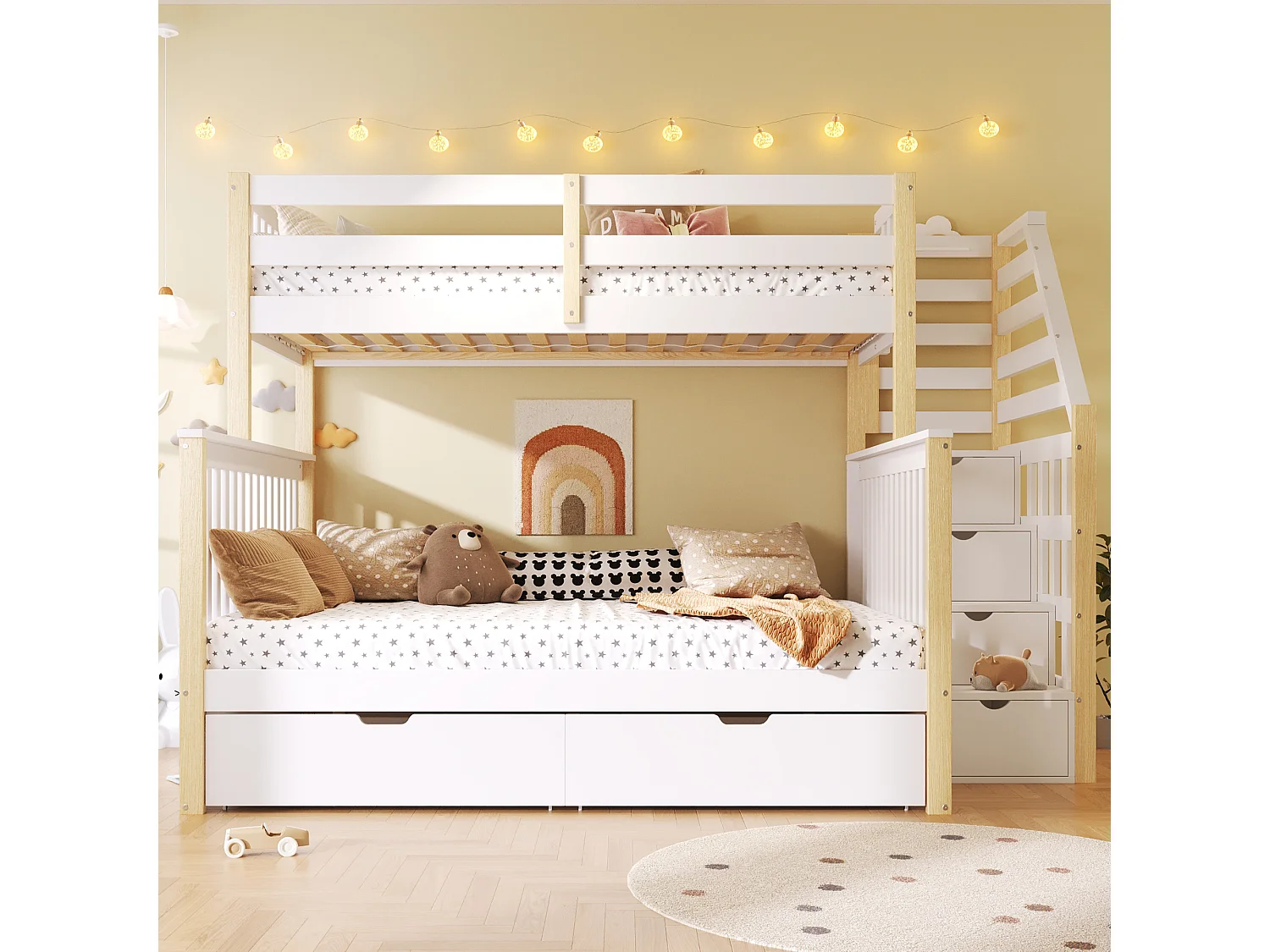 Cama superpuesta 90x200 cm + 140x200 cm - con 2 cajones - con escalera de almacenamiento - con barreras de seguridad - blanco + natural​ (colchón no incluido)