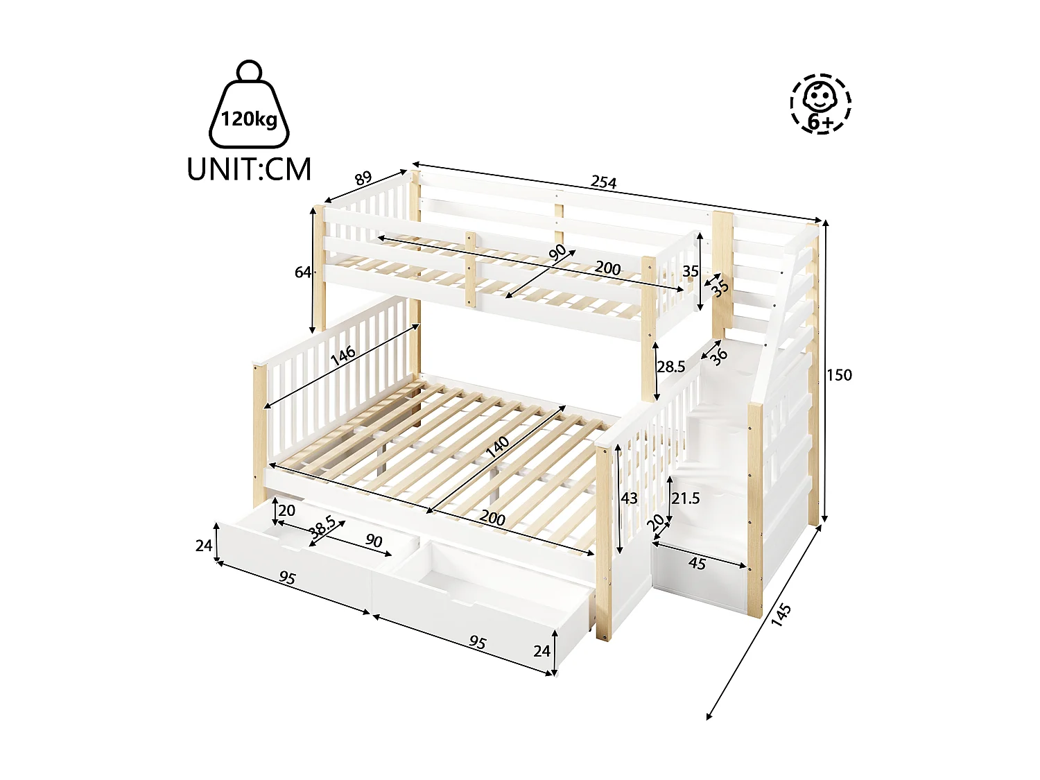 Cama superpuesta 90x200 cm + 140x200 cm - con 2 cajones - con escalera de almacenamiento - con barreras de seguridad - blanco + natural​ (colchón no incluido)