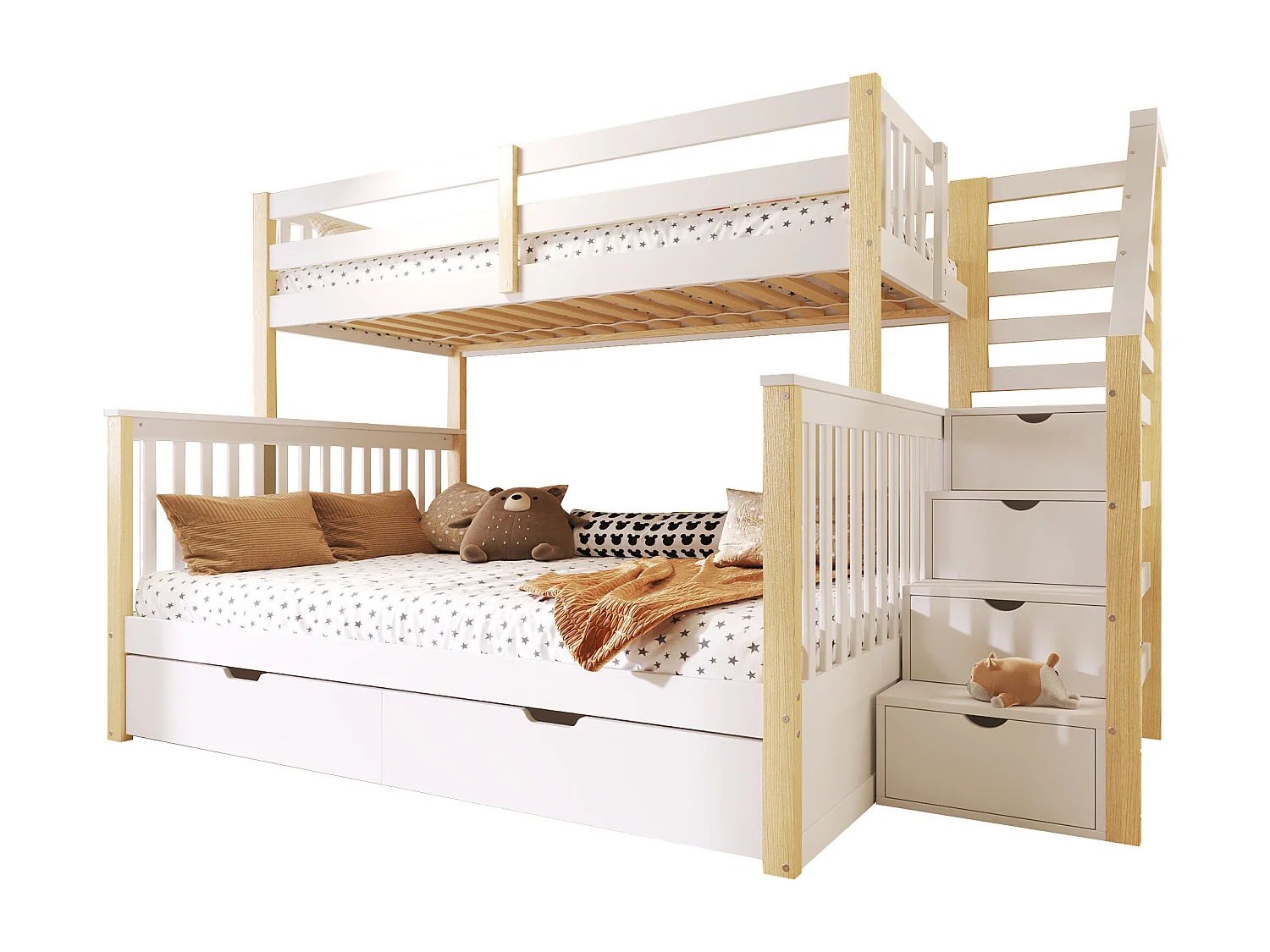 Cama superpuesta 90x200 cm + 140x200 cm - con 2 cajones - con escalera de almacenamiento - con barreras de seguridad - blanco + natural​ (colchón no incluido)