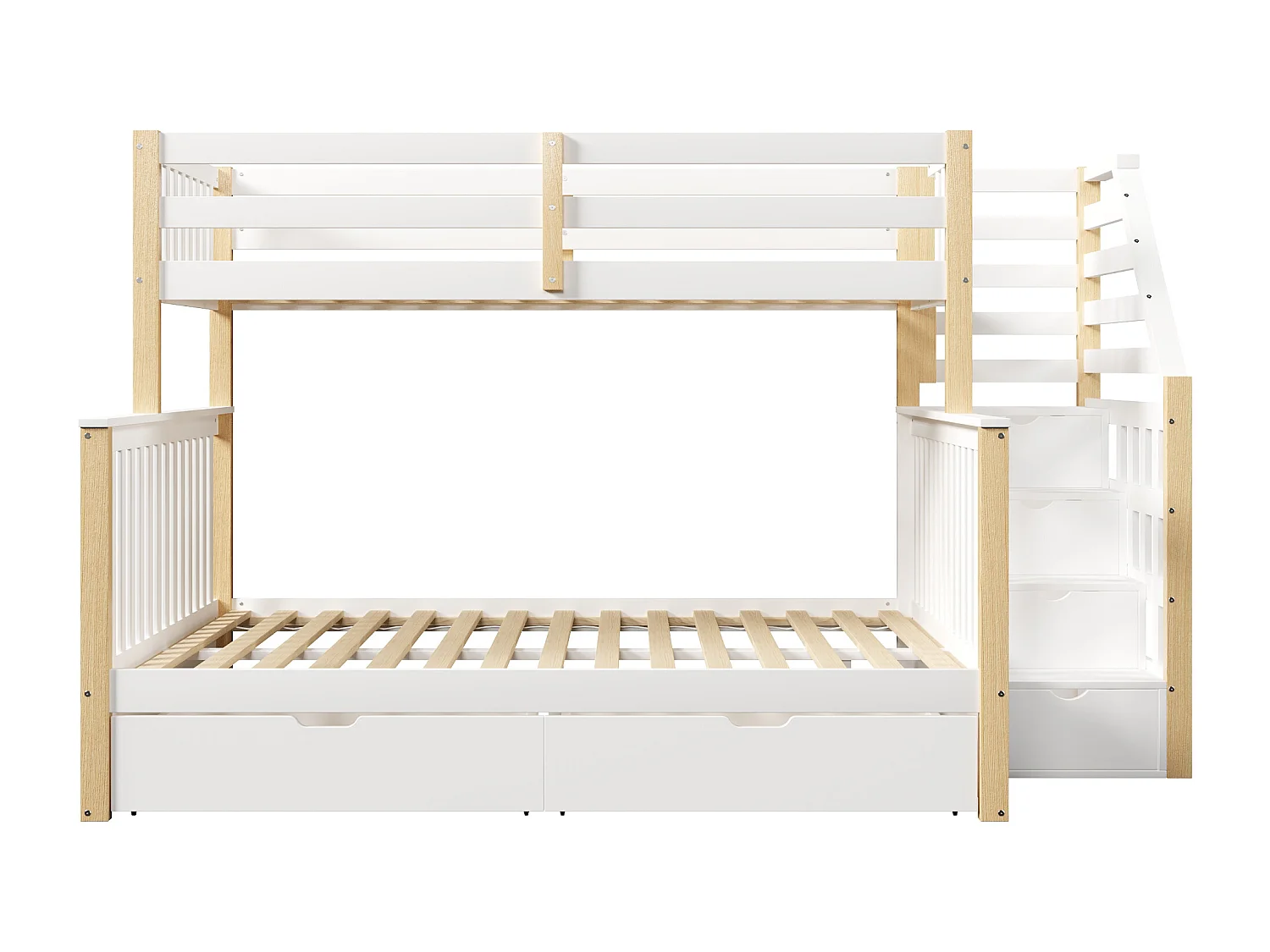 Cama superpuesta 90x200 cm + 140x200 cm - con 2 cajones - con escalera de almacenamiento - con barreras de seguridad - blanco + natural​ (colchón no incluido)