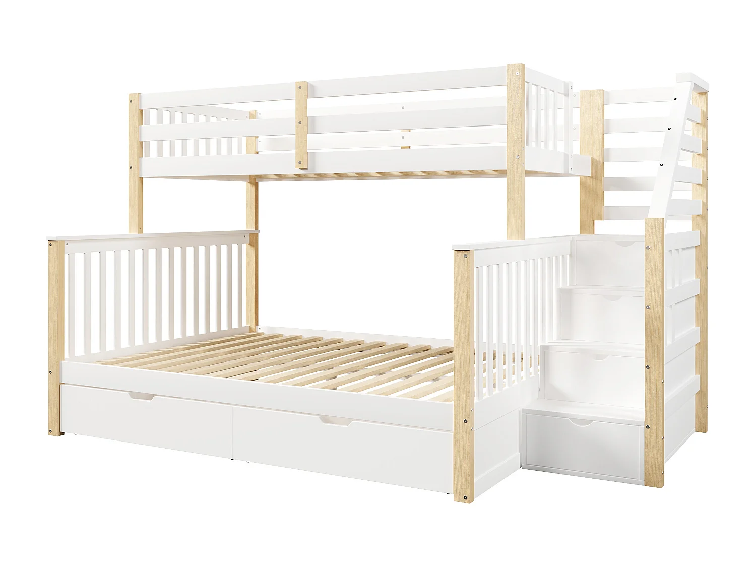 Cama superpuesta 90x200 cm + 140x200 cm - con 2 cajones - con escalera de almacenamiento - con barreras de seguridad - blanco + natural​ (colchón no incluido)