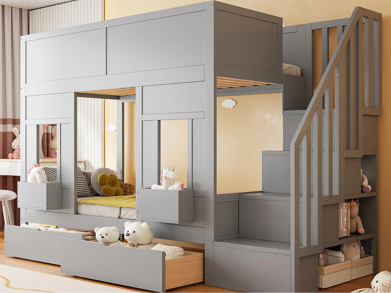 Etagenbett für Kinder 90 x 200 cm - mit Aufstiegsleiter mit Stauraum - mit 2 Schubladen - mit Sicherheitsgittern - grau​ (Matratze nicht inbegriffen)