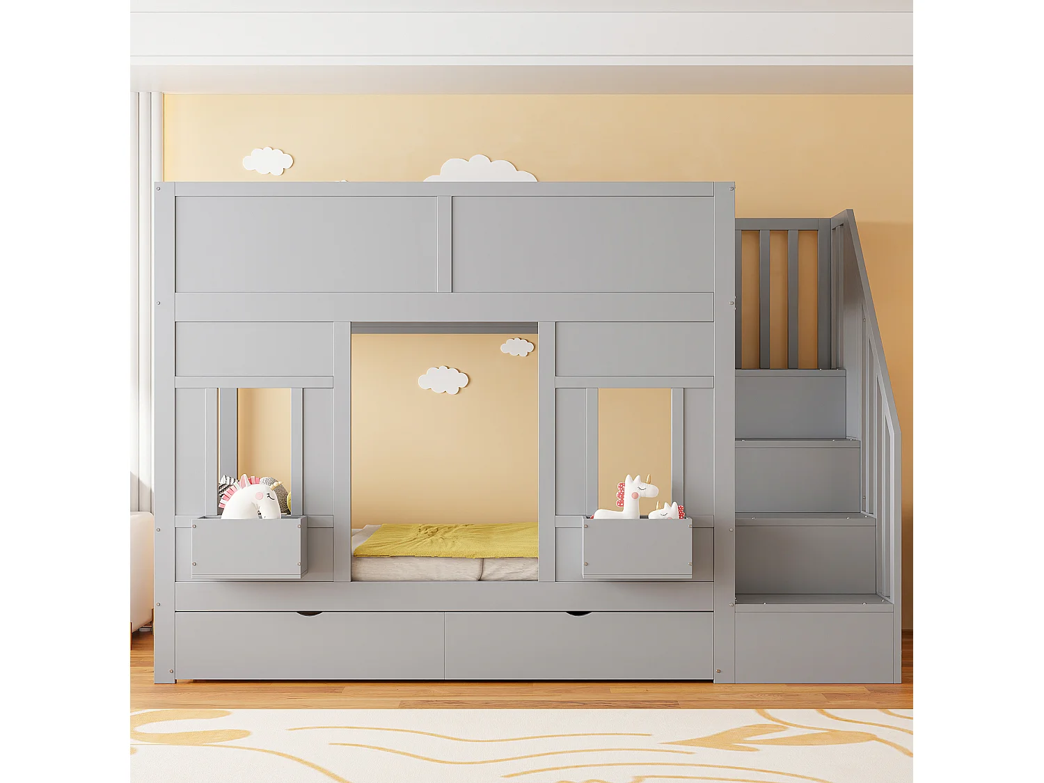 Etagenbett für Kinder 90 x 200 cm - mit Aufstiegsleiter mit Stauraum - mit 2 Schubladen - mit Sicherheitsgittern - grau​ (Matratze nicht inbegriffen)