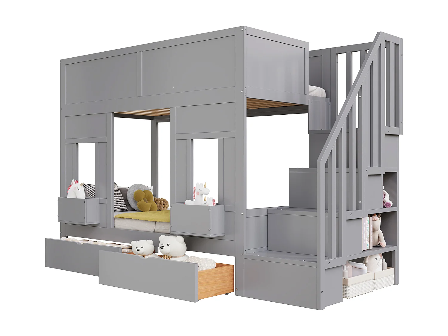 Etagenbett für Kinder 90 x 200 cm - mit Aufstiegsleiter mit Stauraum - mit 2 Schubladen - mit Sicherheitsgittern - grau​ (Matratze nicht inbegriffen)