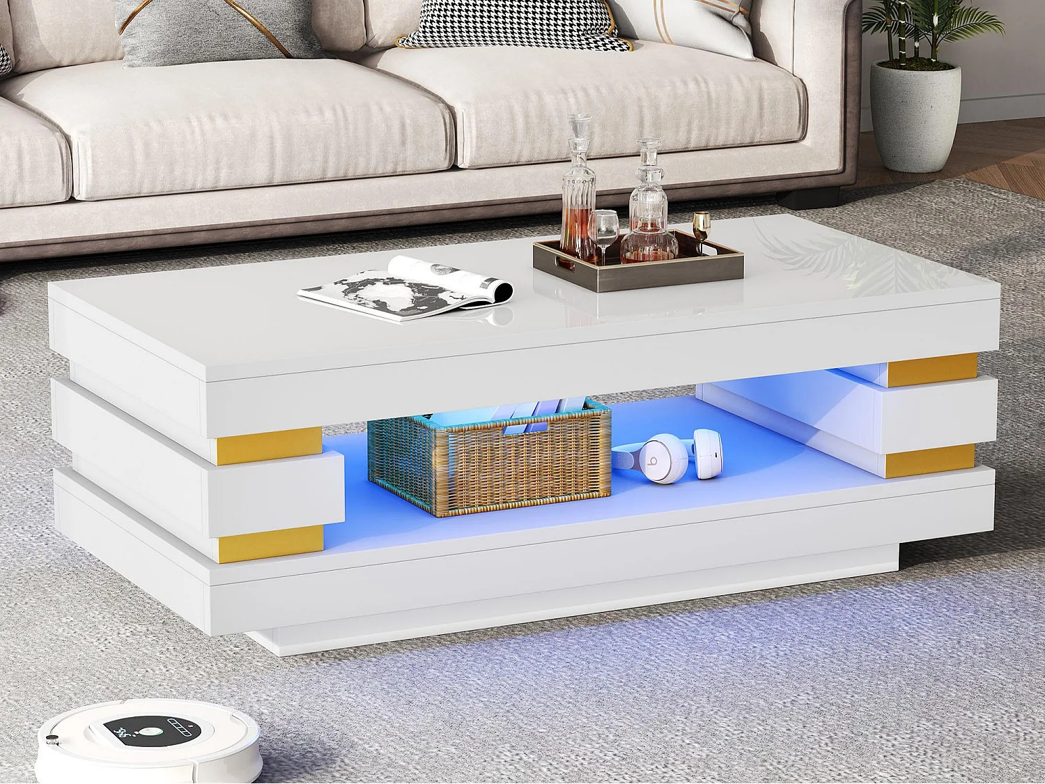 Beistelltisch 100x50x35 cm mit LED-Beleuchtung - Hochglanz-Finish - Durchbrochenes Design - Spanplatten - Weiß