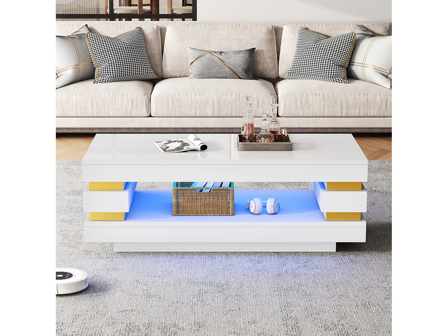 Beistelltisch 100x50x35 cm mit LED-Beleuchtung - Hochglanz-Finish - Durchbrochenes Design - Spanplatten - Weiß