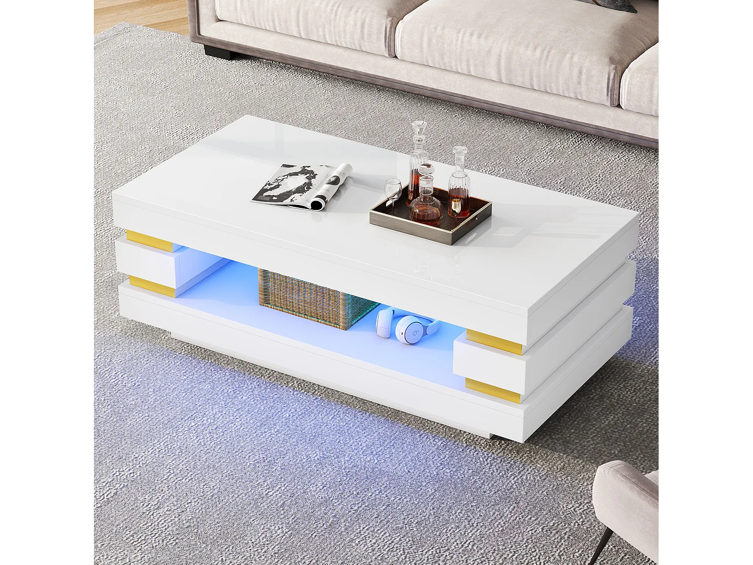 Beistelltisch 100x50x35 cm mit LED-Beleuchtung - Hochglanz-Finish - Durchbrochenes Design - Spanplatten - Weiß