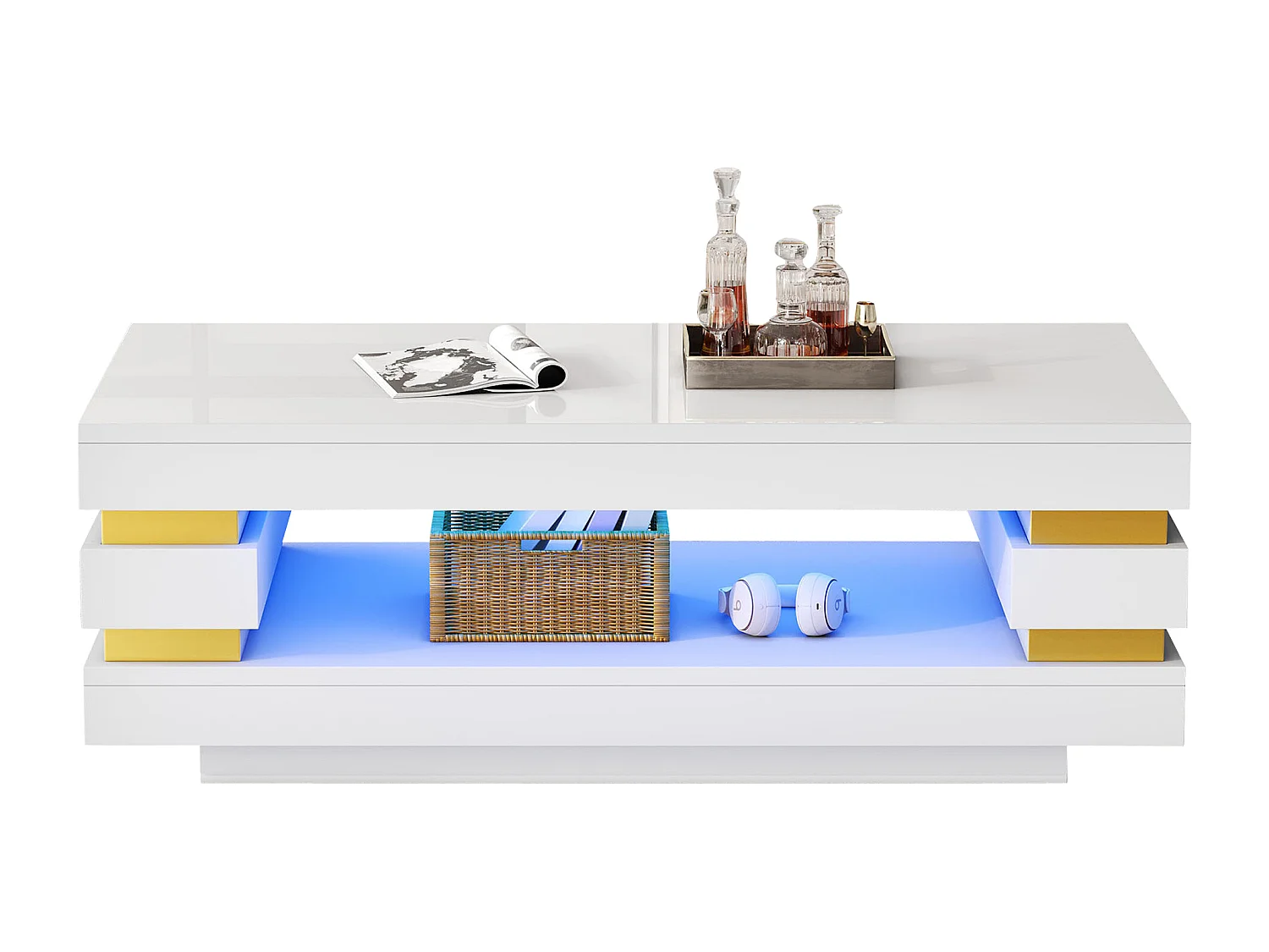 Beistelltisch 100x50x35 cm mit LED-Beleuchtung - Hochglanz-Finish - Durchbrochenes Design - Spanplatten - Weiß