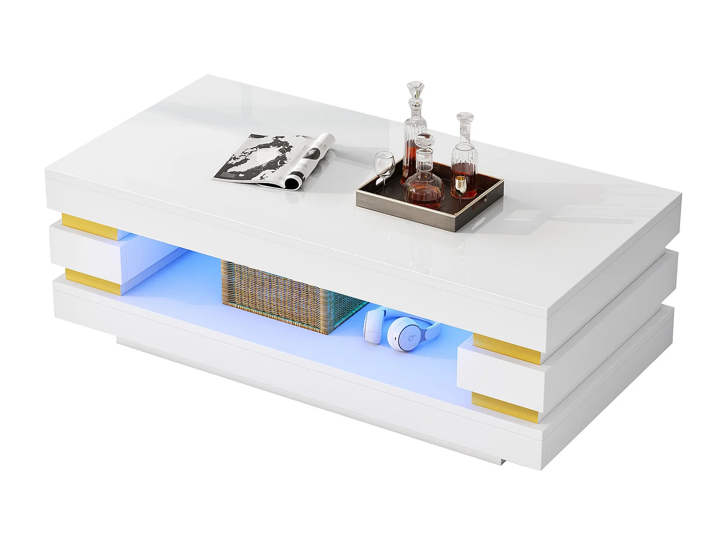 Beistelltisch 100x50x35 cm mit LED-Beleuchtung - Hochglanz-Finish - Durchbrochenes Design - Spanplatten - Weiß