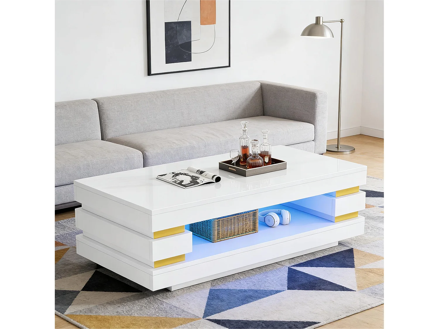 Beistelltisch 100x50x35 cm mit LED-Beleuchtung - Hochglanz-Finish - Durchbrochenes Design - Spanplatten - Weiß