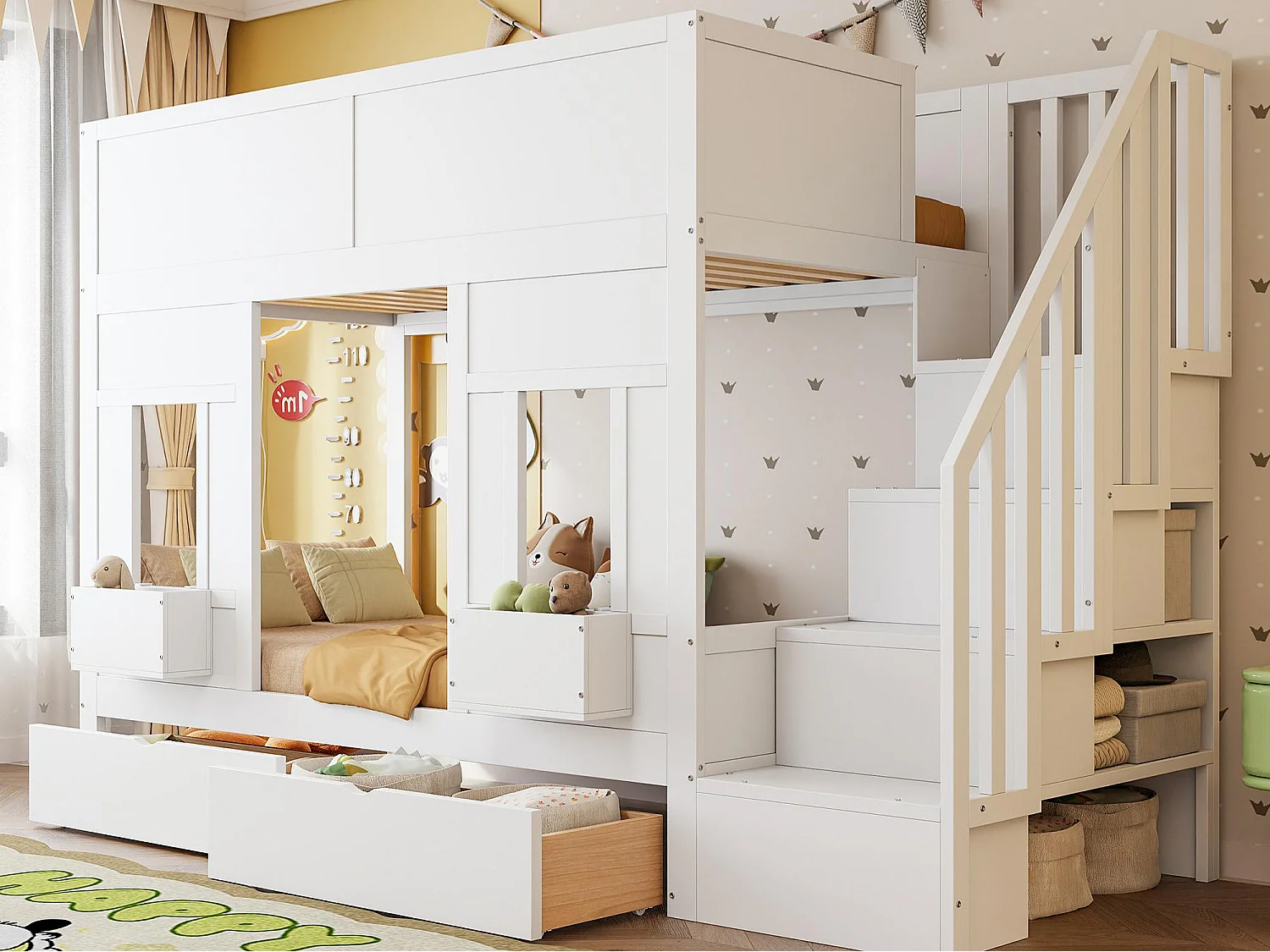 Etagenbett für Kinder 90 x 200 cm - mit Aufstiegsleiter mit Stauraum - mit 2 Schubladen - mit Sicherheitsgittern - weiß​ (Matratze nicht inbegriffen)