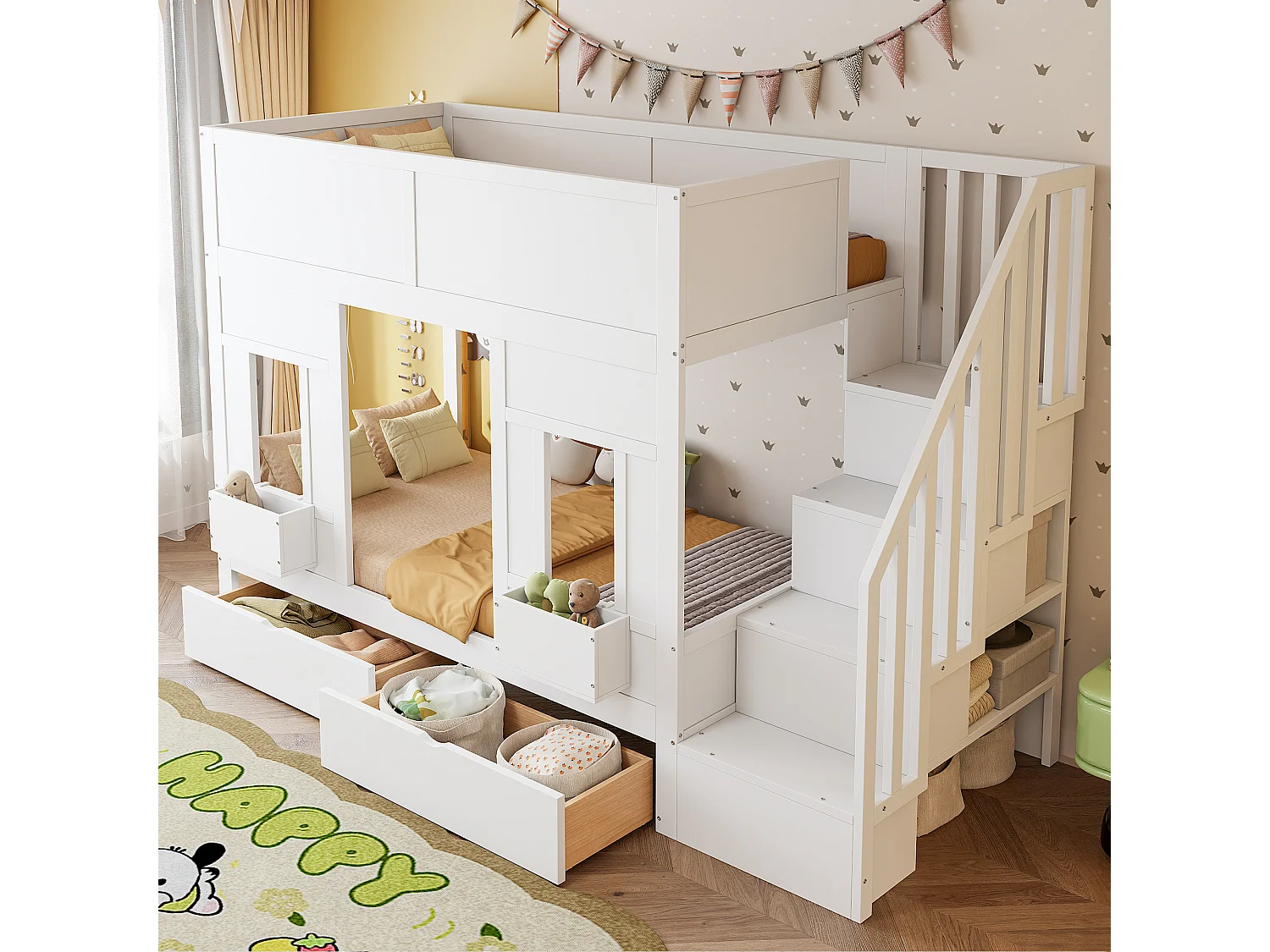 Etagenbett für Kinder 90 x 200 cm - mit Aufstiegsleiter mit Stauraum - mit 2 Schubladen - mit Sicherheitsgittern - weiß​ (Matratze nicht inbegriffen)