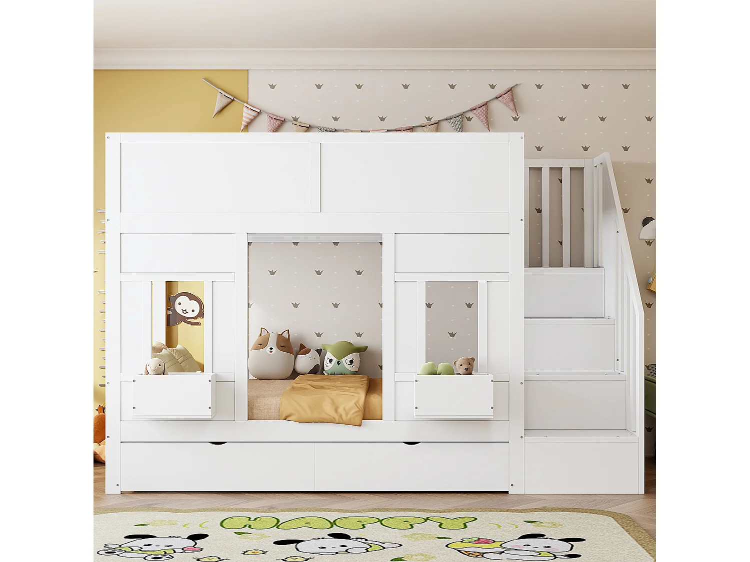 Etagenbett für Kinder 90 x 200 cm - mit Aufstiegsleiter mit Stauraum - mit 2 Schubladen - mit Sicherheitsgittern - weiß​ (Matratze nicht inbegriffen)