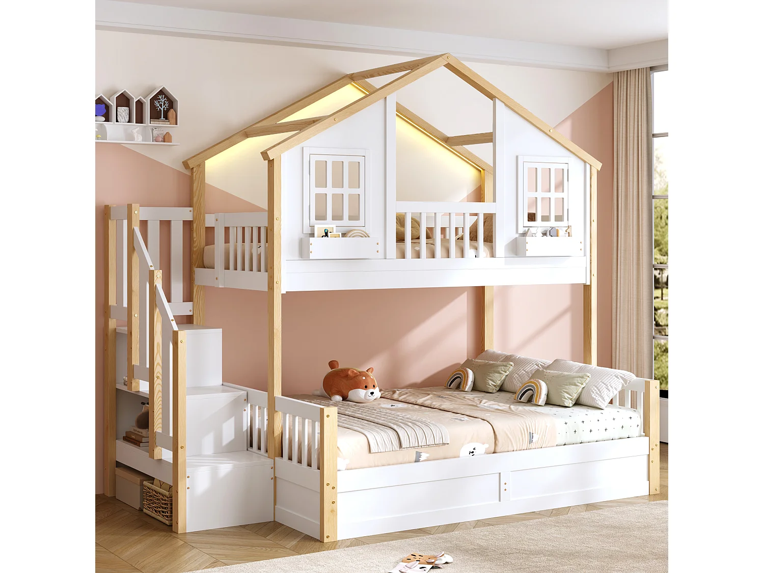 Etagenbett für Kinder 90x200 + 140x200cm - mit unterem Bett mit Bettkasten - LED und Aufstiegsleiter mit Stauraum - weiß und natur​ (ohne Matratze)