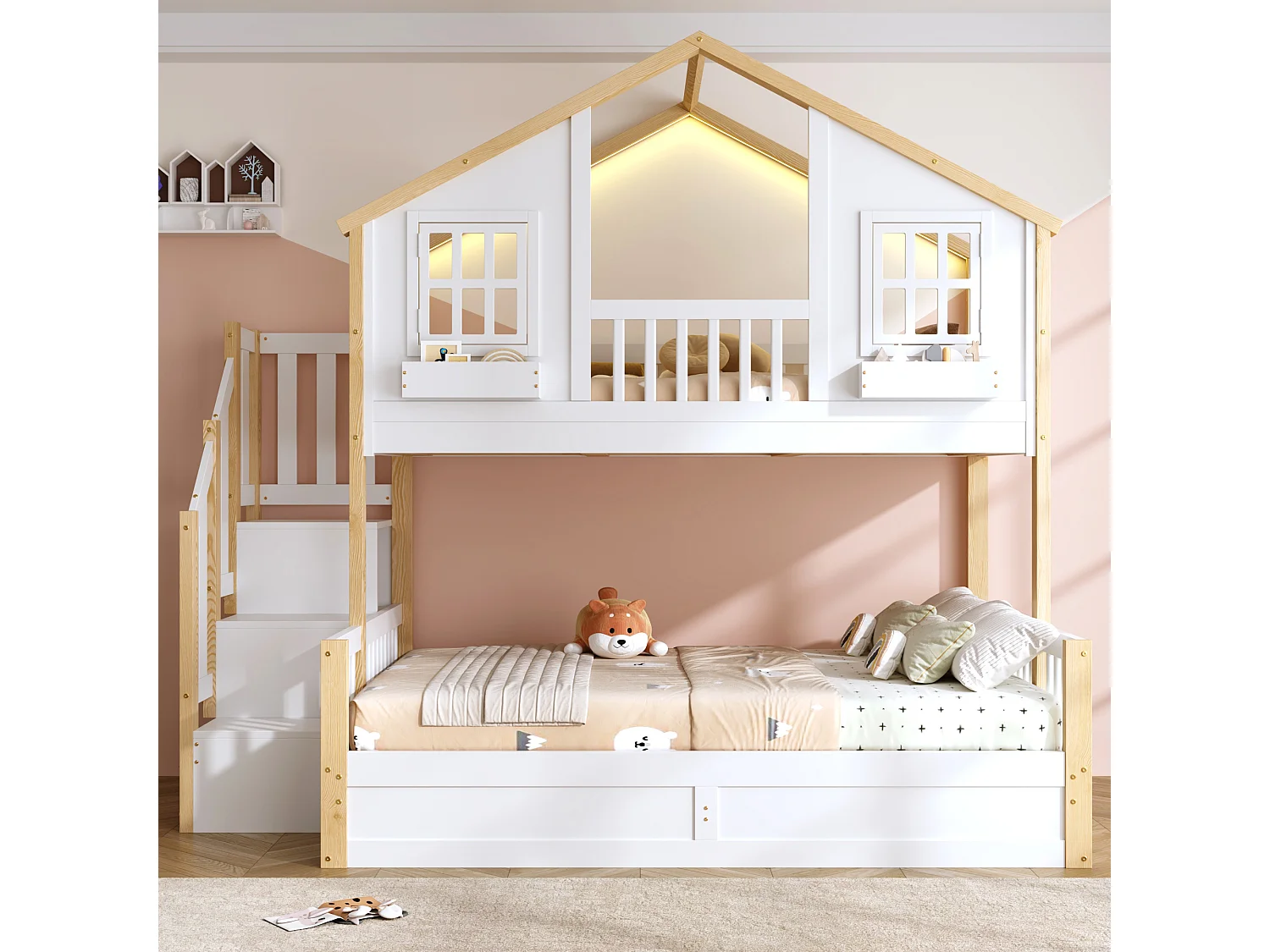 Etagenbett für Kinder 90x200 + 140x200cm - mit unterem Bett mit Bettkasten - LED und Aufstiegsleiter mit Stauraum - weiß und natur​ (ohne Matratze)