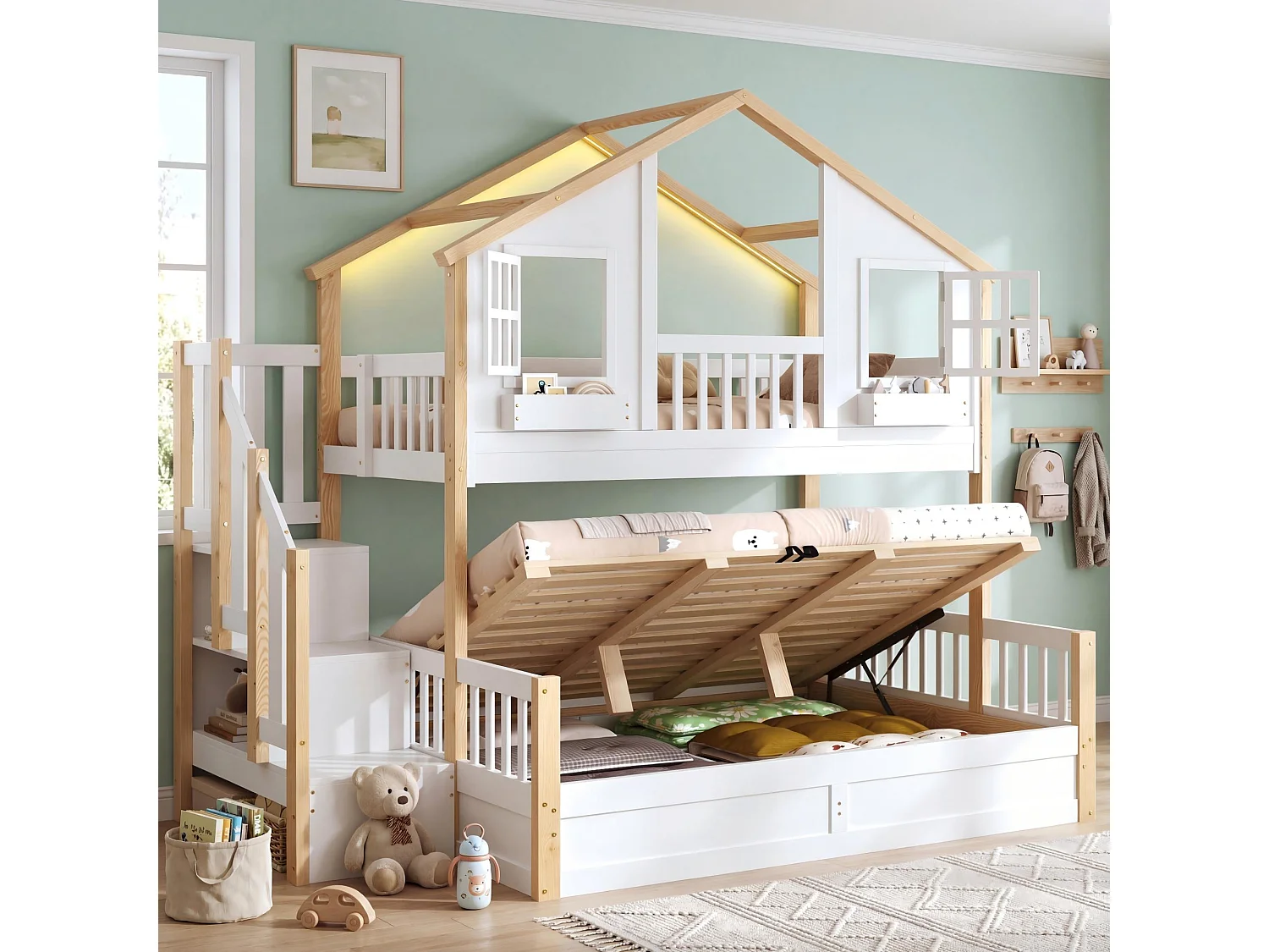 Etagenbett für Kinder 90x200 + 140x200cm - mit unterem Bett mit Bettkasten - LED und Aufstiegsleiter mit Stauraum - weiß und natur​ (ohne Matratze)