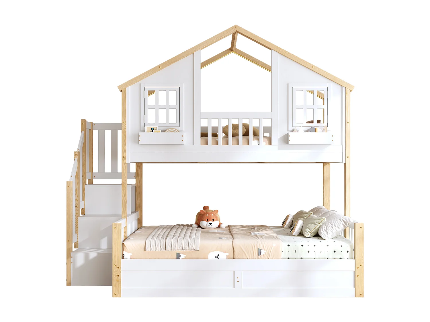 Etagenbett für Kinder 90x200 + 140x200cm - mit unterem Bett mit Bettkasten - LED und Aufstiegsleiter mit Stauraum - weiß und natur​ (ohne Matratze)