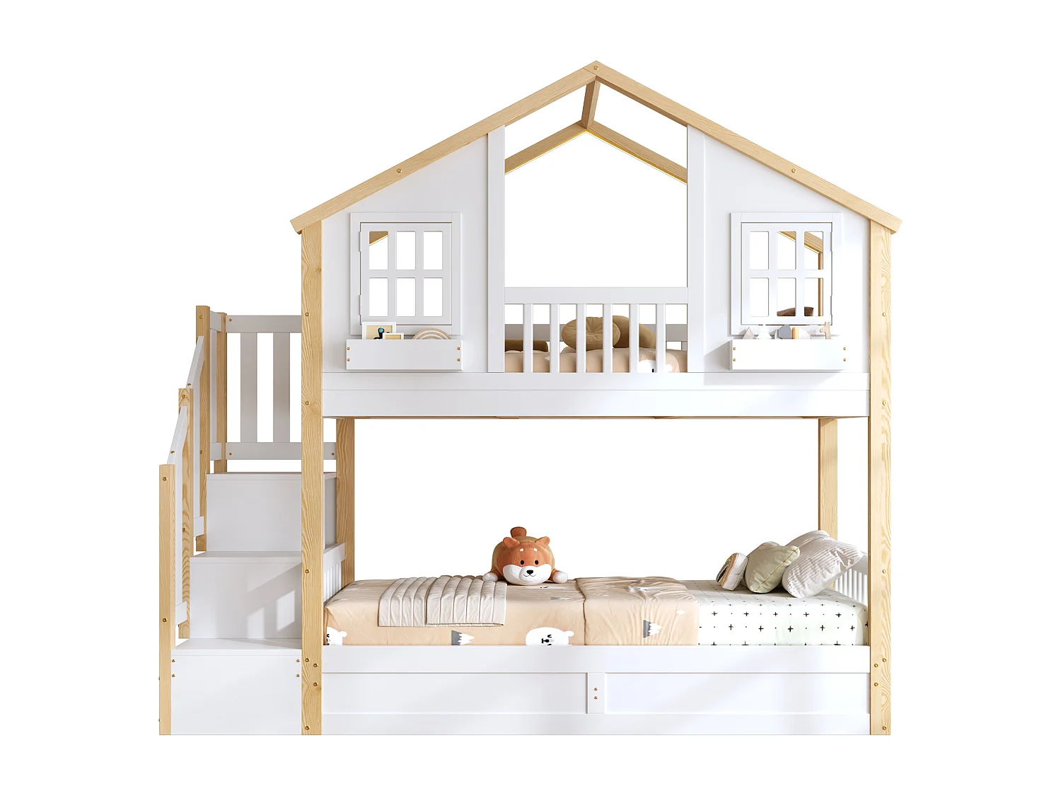 Etagenbett für Kinder 90x200 - mit unterem Bett mit Bettkasten - LED und Aufstiegsleiter mit Stauraum - weiß und natur​ (ohne Matratze)