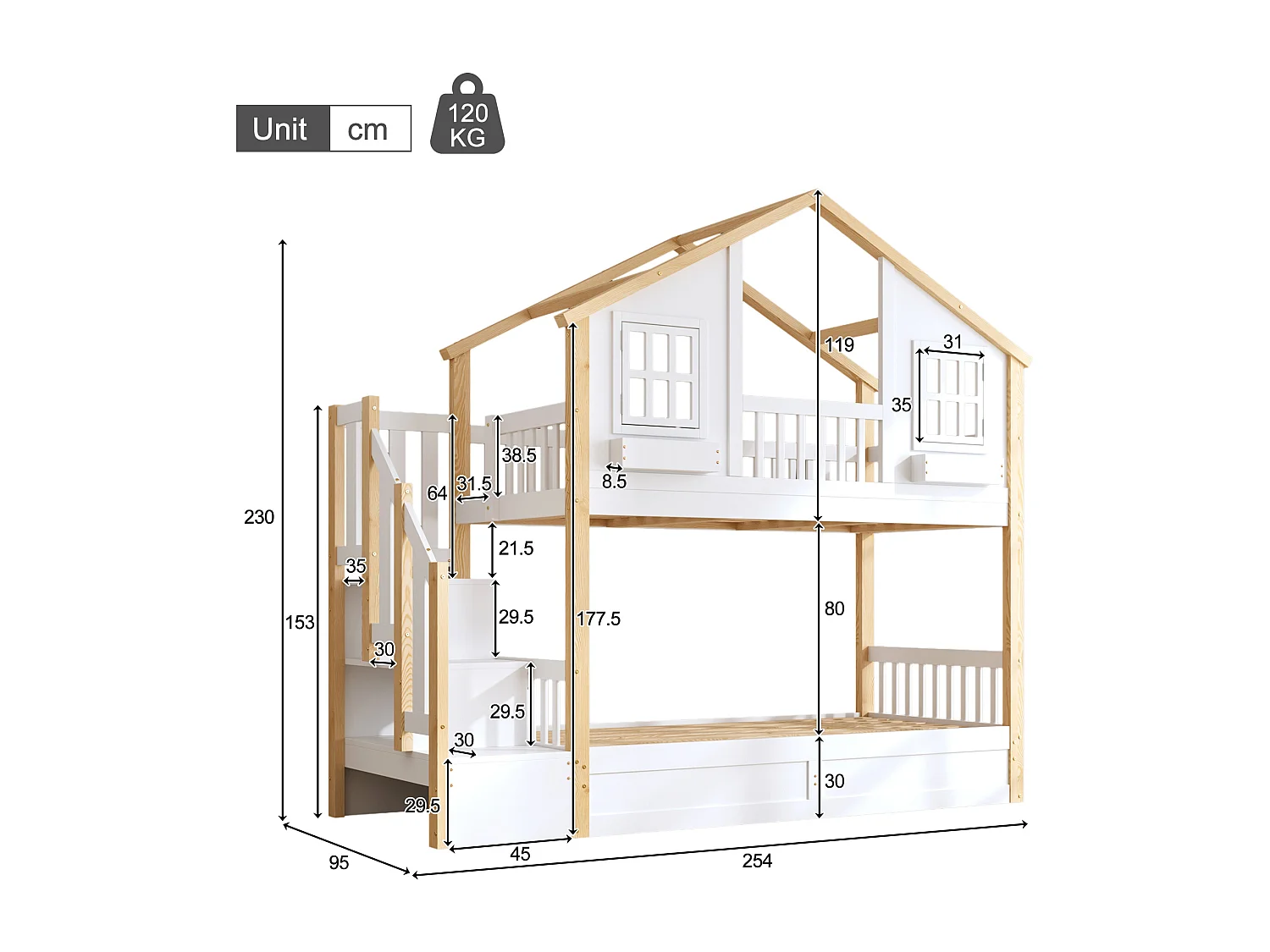 Etagenbett für Kinder 90x200 - mit unterem Bett mit Bettkasten - LED und Aufstiegsleiter mit Stauraum - weiß und natur​ (ohne Matratze)