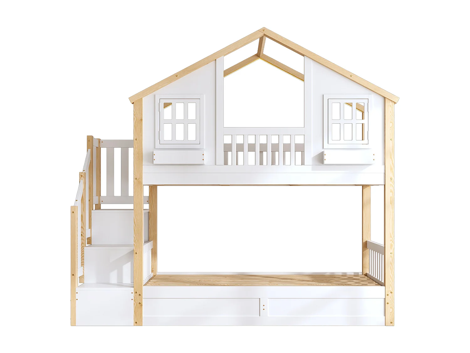 Etagenbett für Kinder 90x200 - mit unterem Bett mit Bettkasten - LED und Aufstiegsleiter mit Stauraum - weiß und natur​ (ohne Matratze)