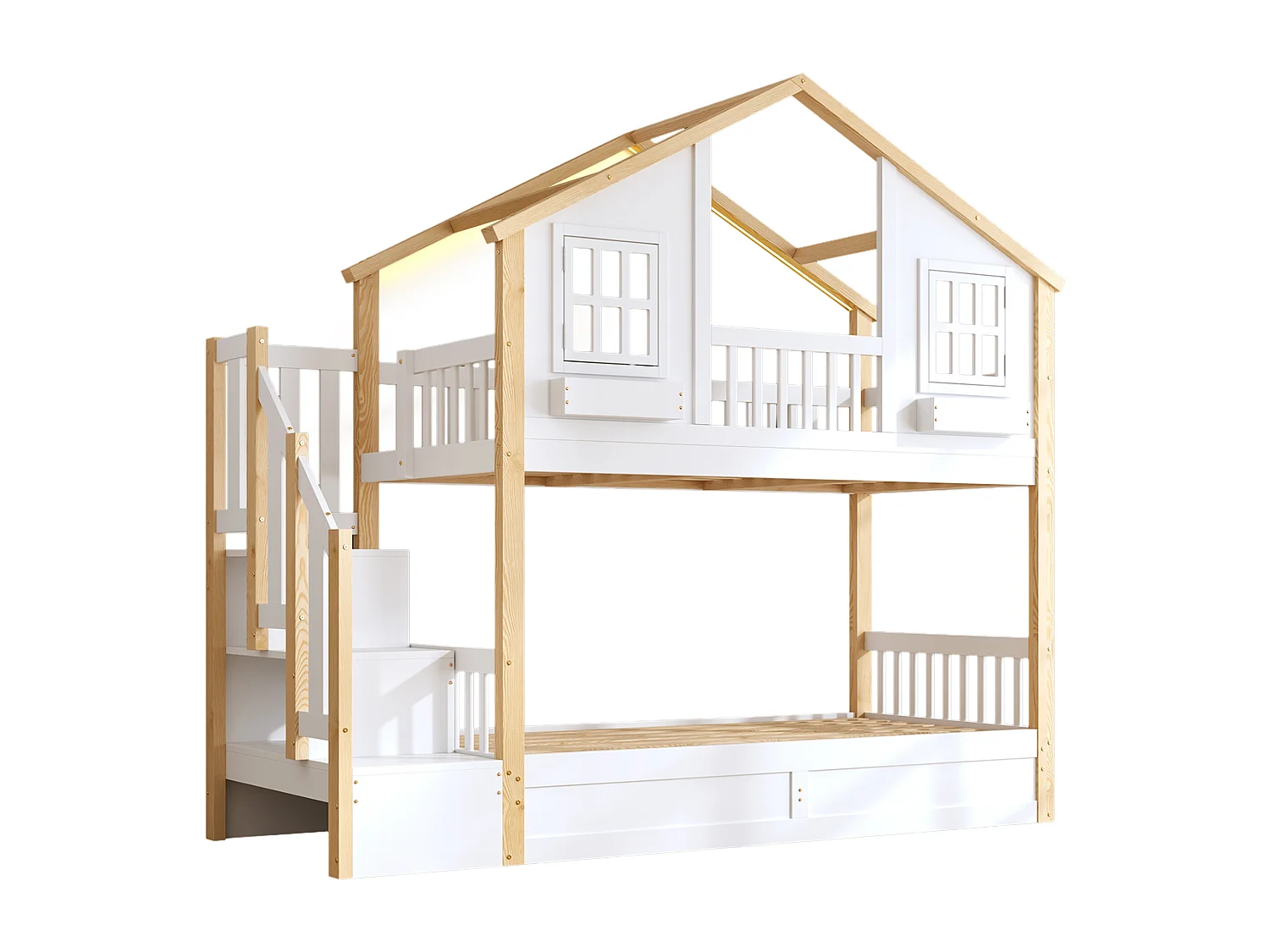 Etagenbett für Kinder 90x200 - mit unterem Bett mit Bettkasten - LED und Aufstiegsleiter mit Stauraum - weiß und natur​ (ohne Matratze)