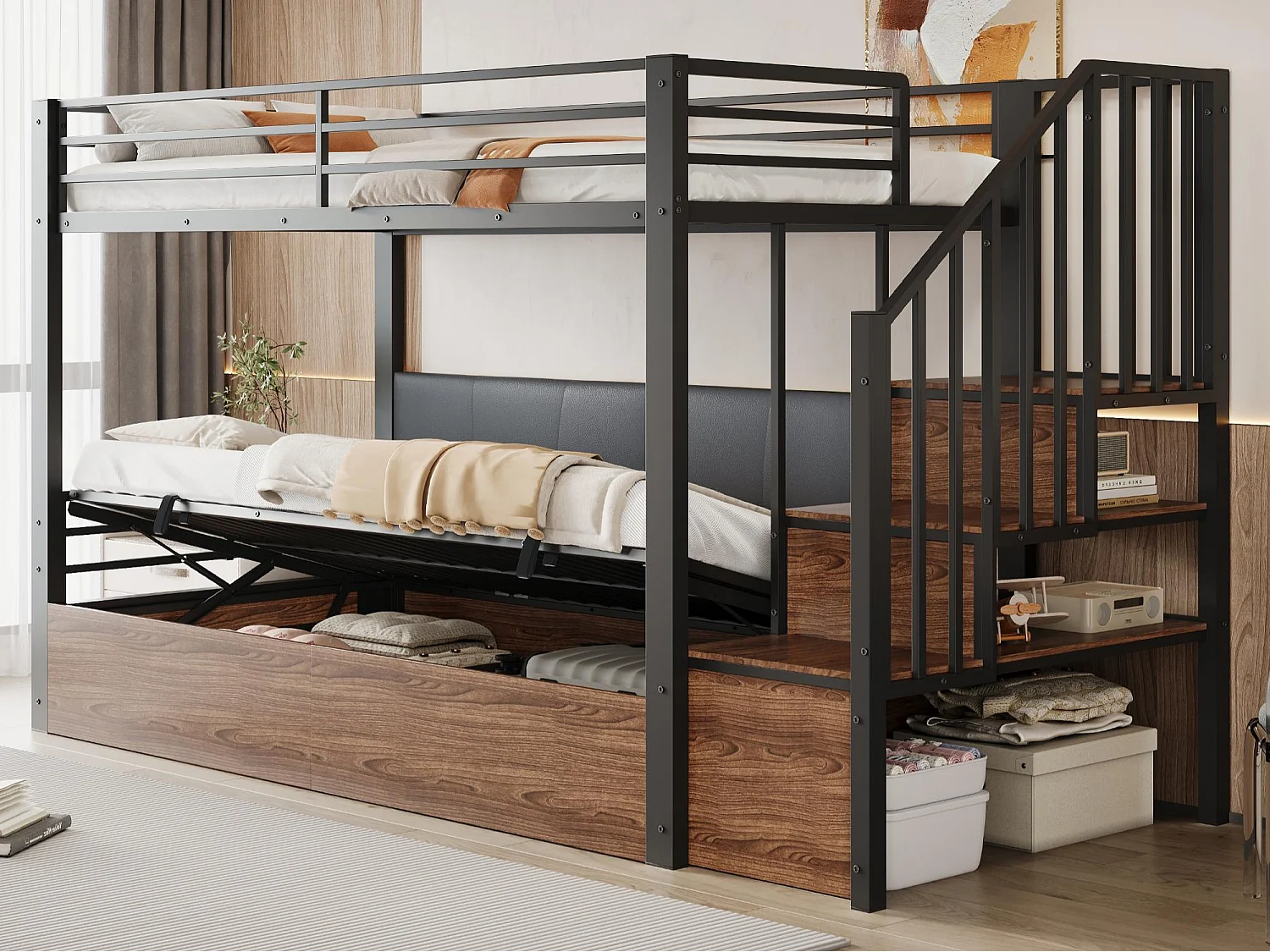 Etagenbett aus Schmiedeeisen 90x200 cm - gepolsterte Rückenlehne - mit Stauraum - mit Sicherheitsleiter - schwarz​ (Matratze nicht inbegriffen)