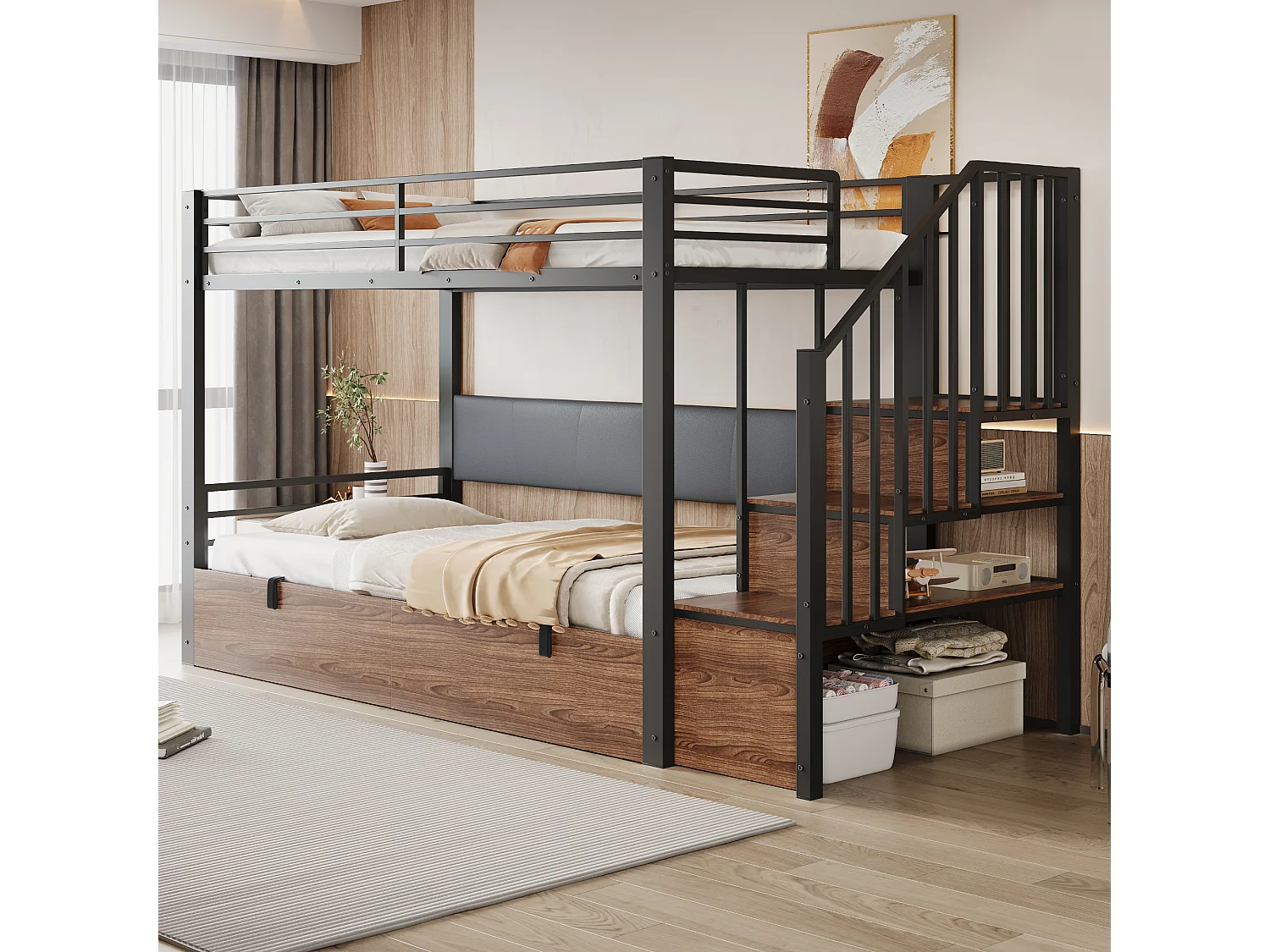 Etagenbett aus Schmiedeeisen 90x200 cm - gepolsterte Rückenlehne - mit Stauraum - mit Sicherheitsleiter - schwarz​ (Matratze nicht inbegriffen)