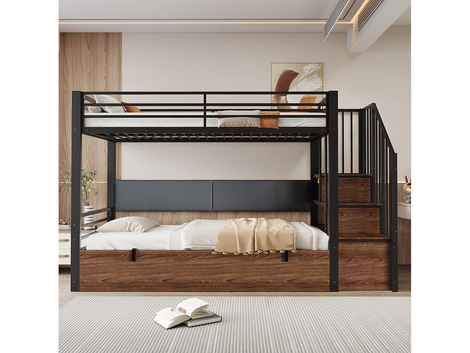 Etagenbett aus Schmiedeeisen 90x200 cm - gepolsterte Rückenlehne - mit Stauraum - mit Sicherheitsleiter - schwarz​ (Matratze nicht inbegriffen)