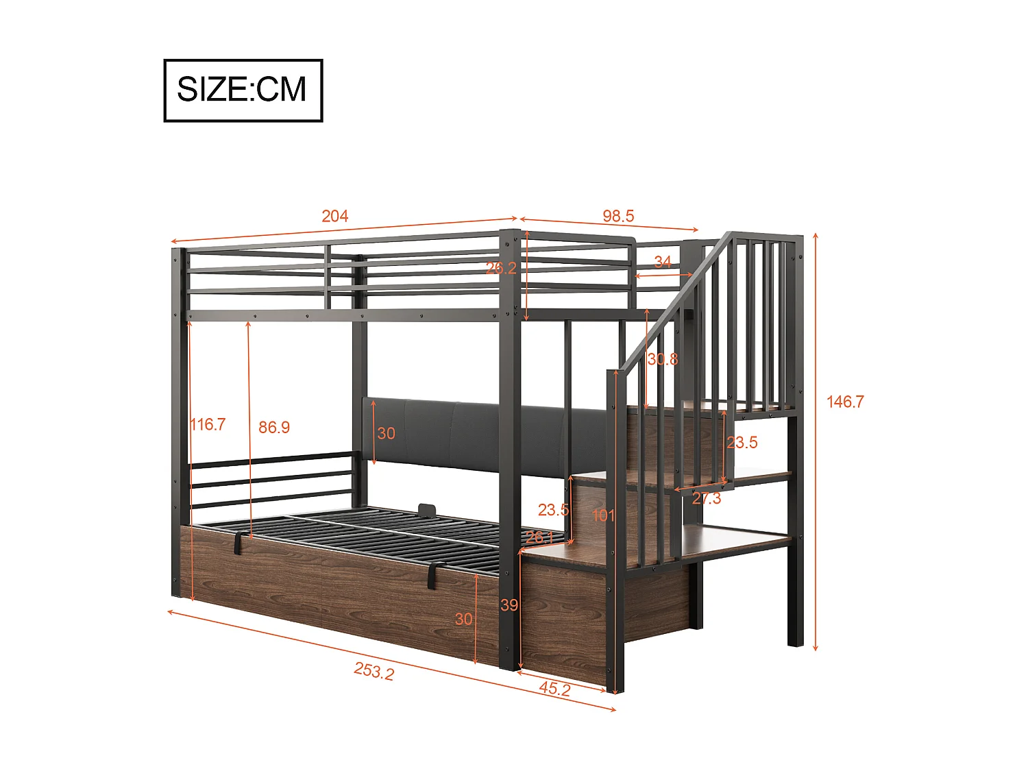 Etagenbett aus Schmiedeeisen 90x200 cm - gepolsterte Rückenlehne - mit Stauraum - mit Sicherheitsleiter - schwarz​ (Matratze nicht inbegriffen)