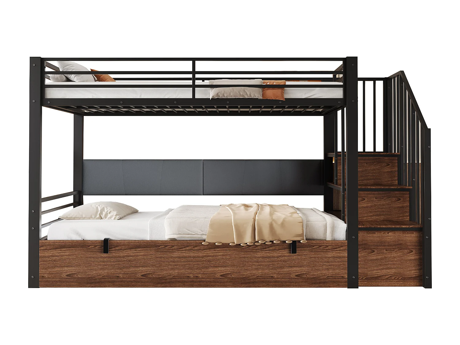 Etagenbett aus Schmiedeeisen 90x200 cm - gepolsterte Rückenlehne - mit Stauraum - mit Sicherheitsleiter - schwarz​ (Matratze nicht inbegriffen)